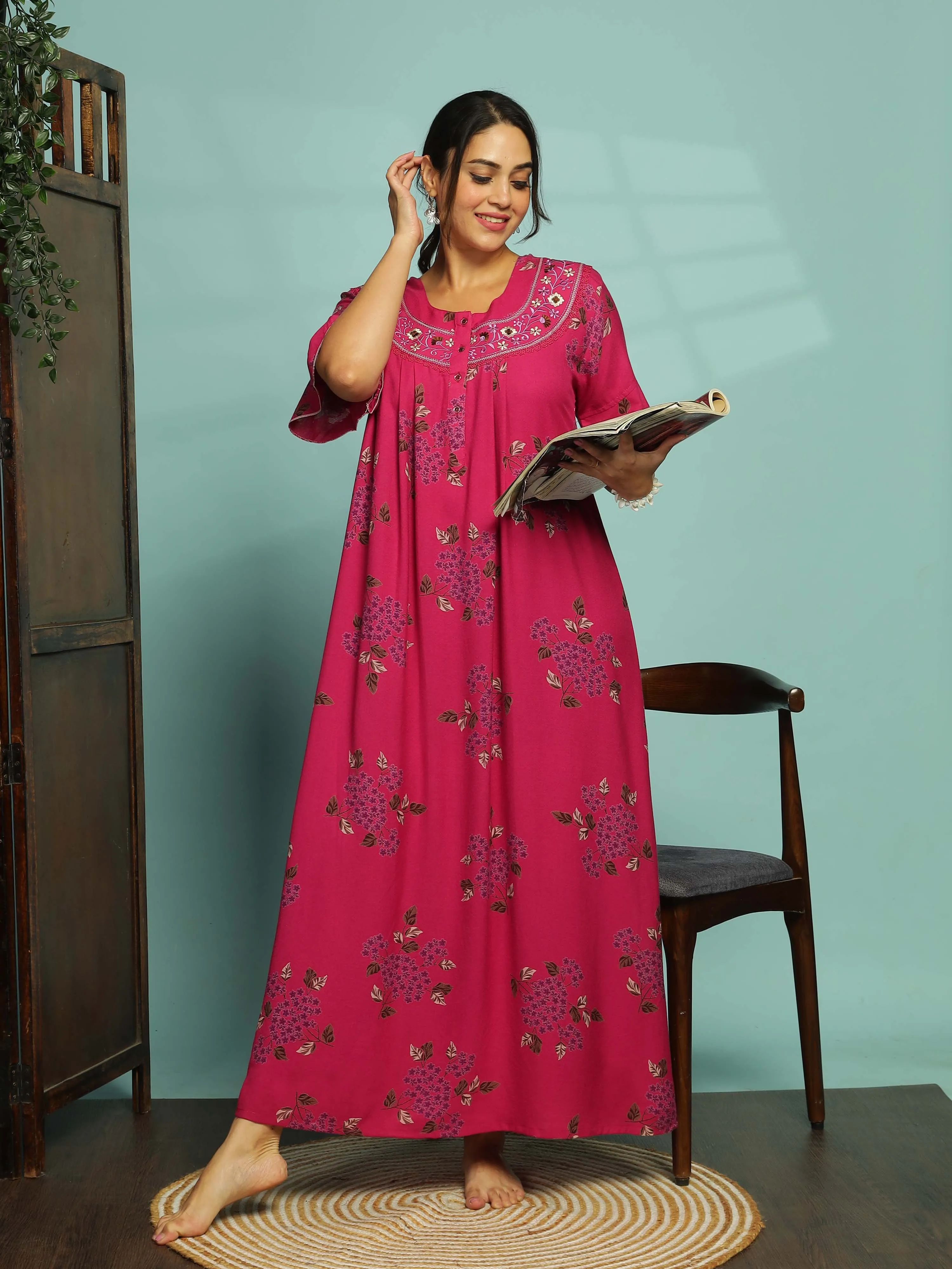 Magenta Designer Nighty for Women With Elegant Floral Maxi Gown