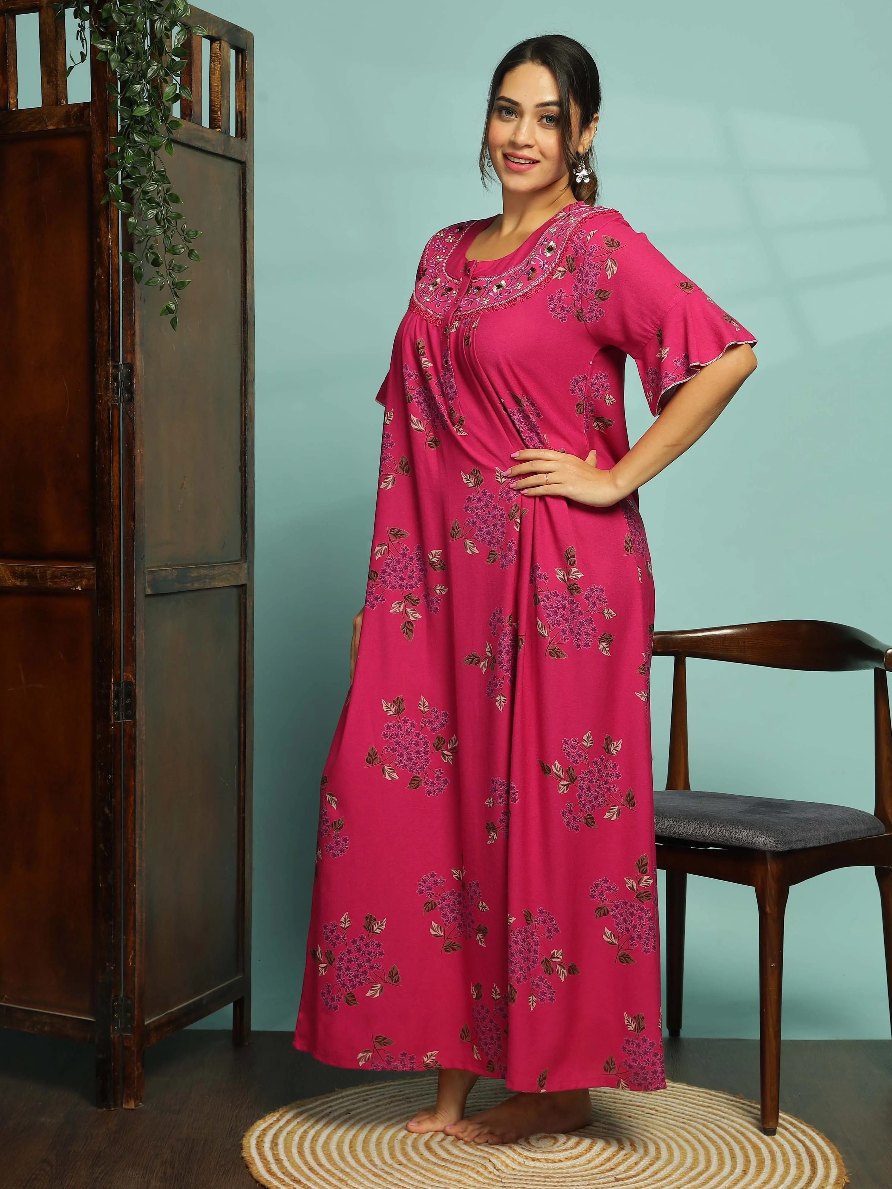 Magenta Designer Nighty for Women With Elegant Floral Maxi Gown