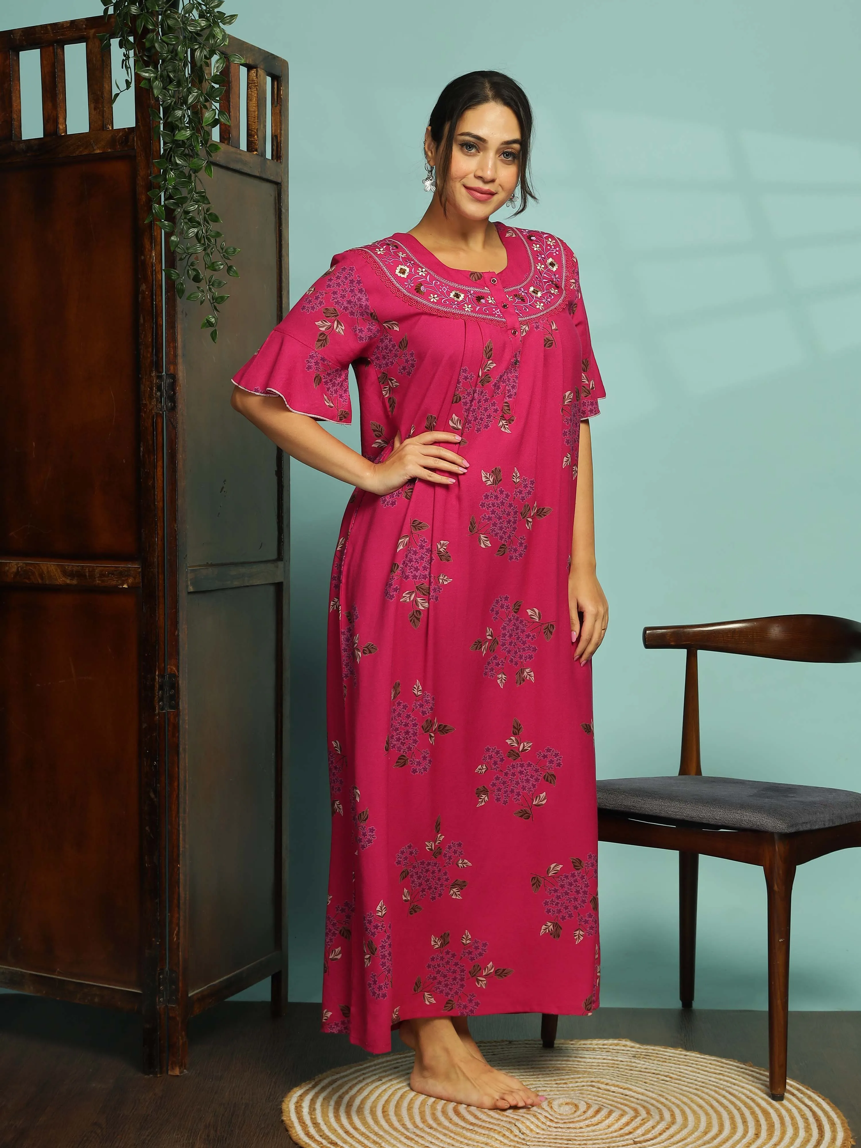 Magenta Designer Nighty for Women With Elegant Floral Maxi Gown