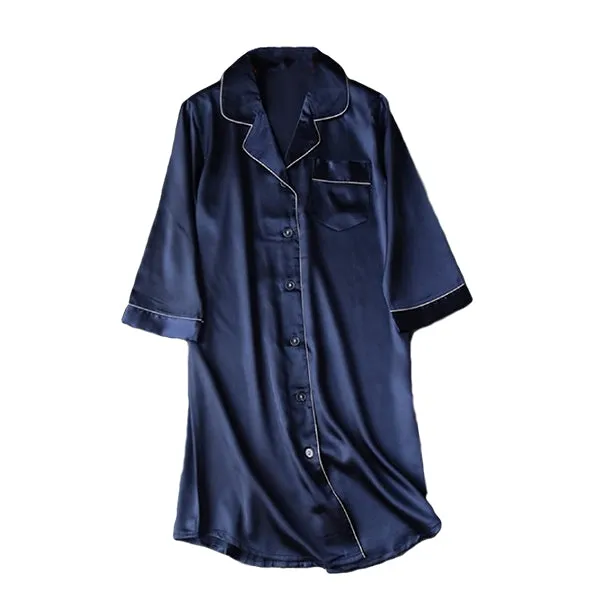 Modern Womens Nightshirt with Front Pocket, Satin Sleepwear, Long w 3/4 Sleeve, XS-4XL