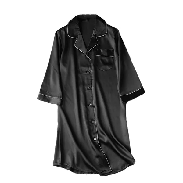 Modern Womens Nightshirt with Front Pocket, Satin Sleepwear, Long w 3/4 Sleeve, XS-4XL