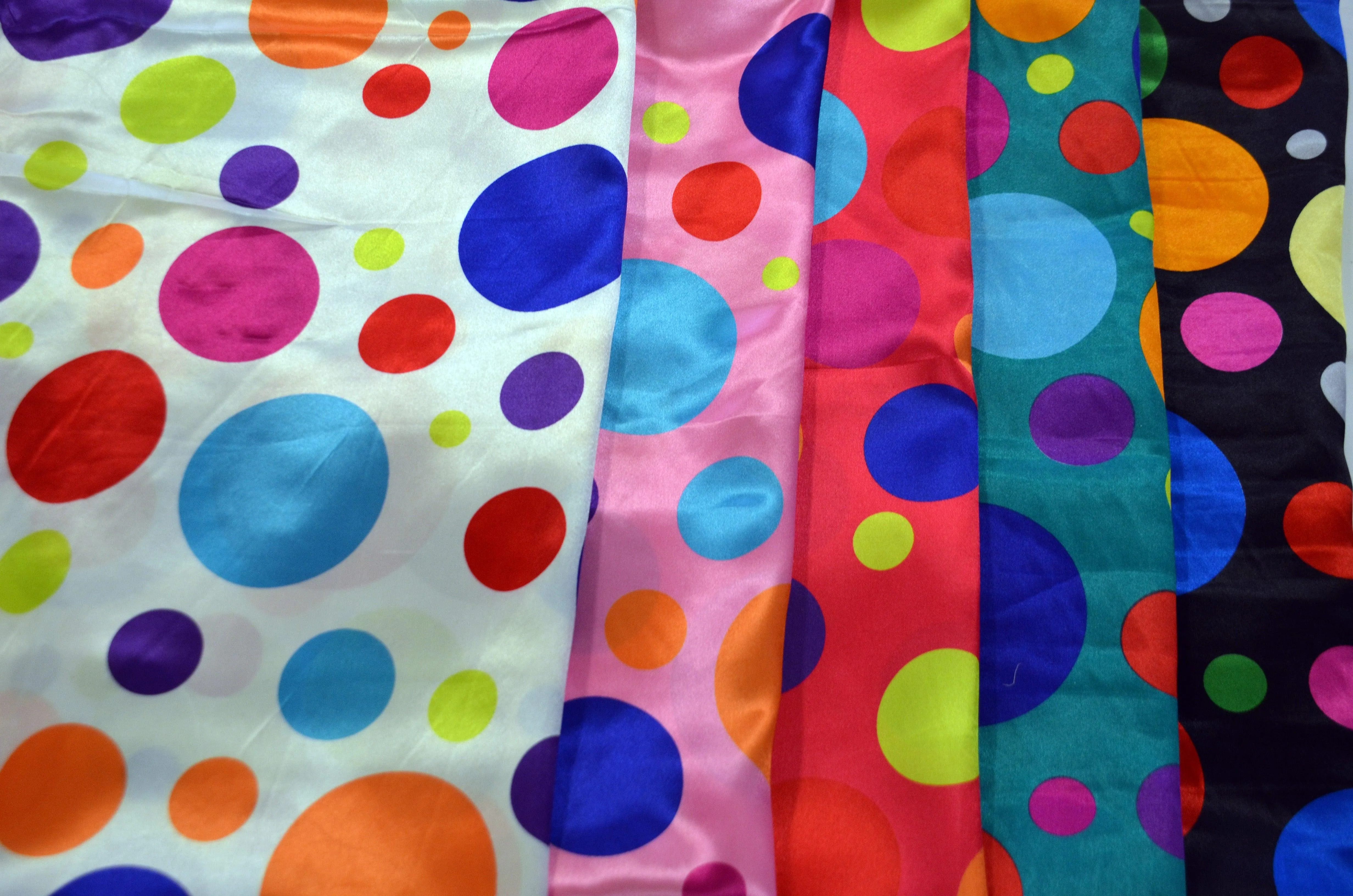 Multi Color Polka Dot Fabric | Polka Dot Satin Fabric | Polka Dot Charmeuse Satin Fabric | 60" Wide | Silky Soft Satin in a Polka Dot Print