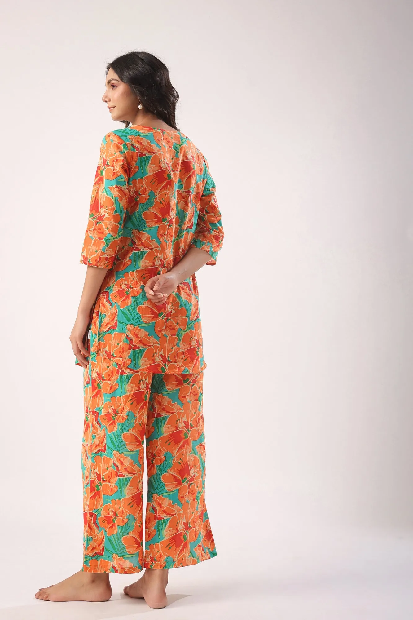 Orange Blooms on Sky Blue Palazzo Loungewear Set