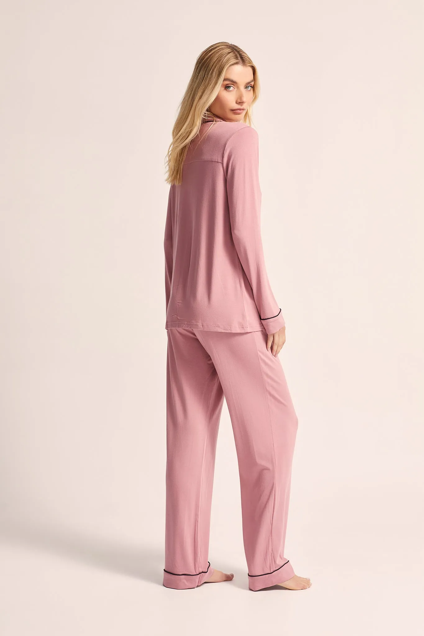 Petra Tencel™ Lounge Pyjama Set - Dusty Rose with Black Piping