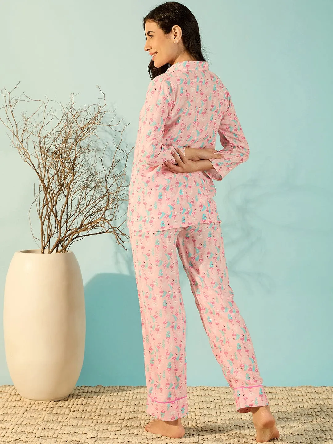 Pink Flamingo Print Relaxing Cotton Pyjama Set For Women