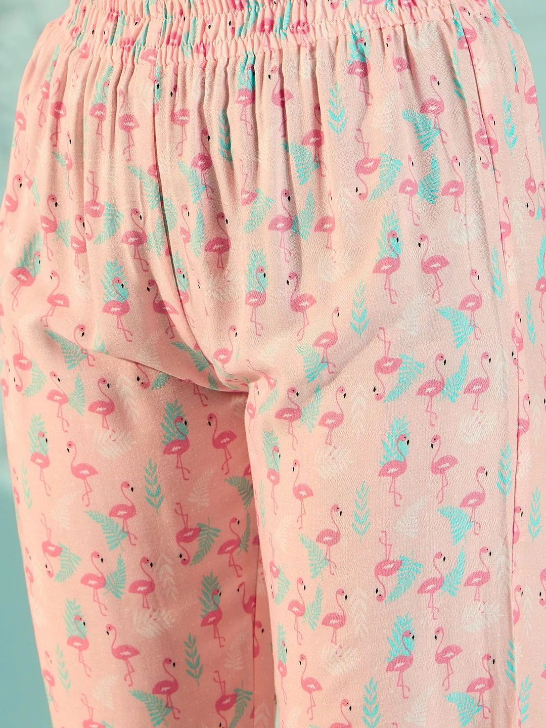 Pink Flamingo Print Relaxing Cotton Pyjama Set For Women