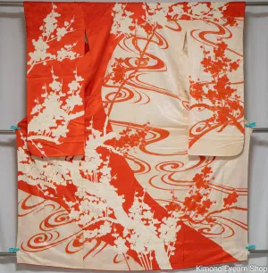 Plum Blossom Trees Silhouette Furisode - Orange & White Vintage Formal Kimono - Two Tone Japanese Robe - Umezakura Floral Pattern Tree