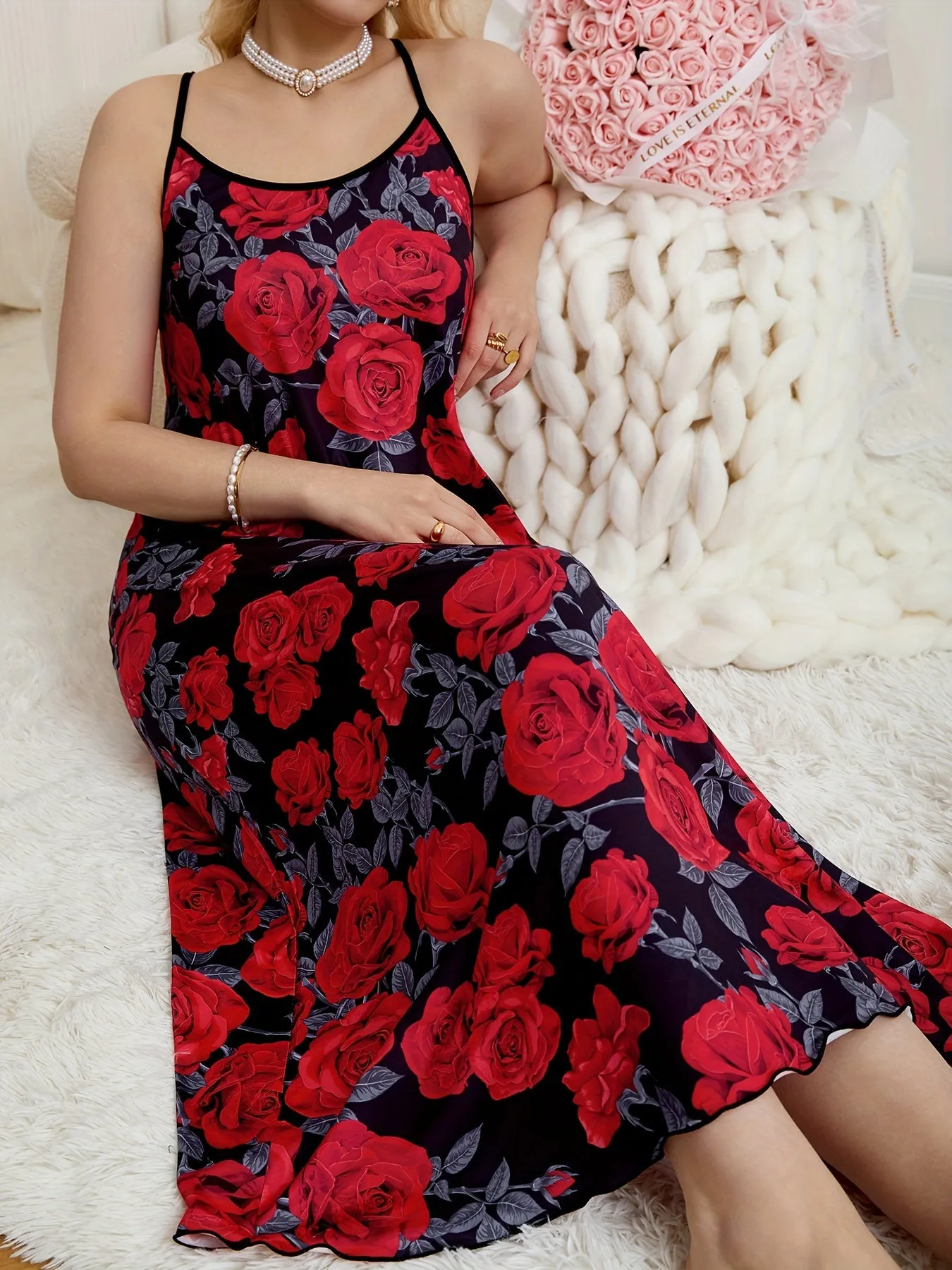 Plus Size Allover Rose Print Nightdress for Women, with Round Neck and Cami Style for Seductive Sleepwear