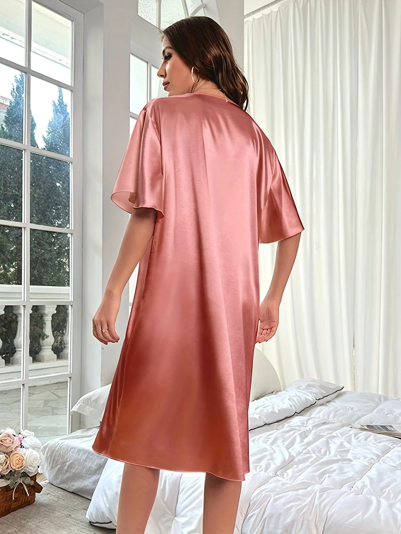 Plus Size Elegant Nightdress for Women, Featuring Smooth Satin, Ruffle Sleeves, and V Neck Design for Serene Sleep