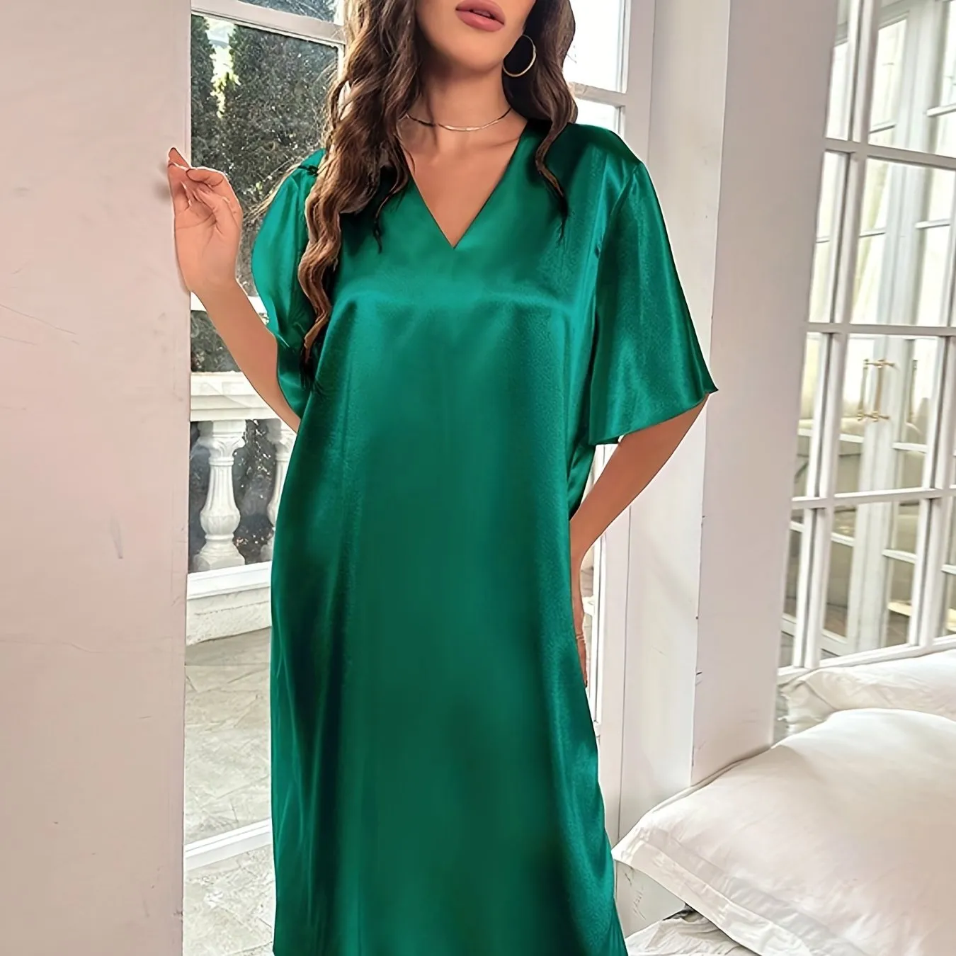 Plus Size Elegant Nightdress for Women, Featuring Smooth Satin, Ruffle Sleeves, and V Neck Design for Serene Sleep