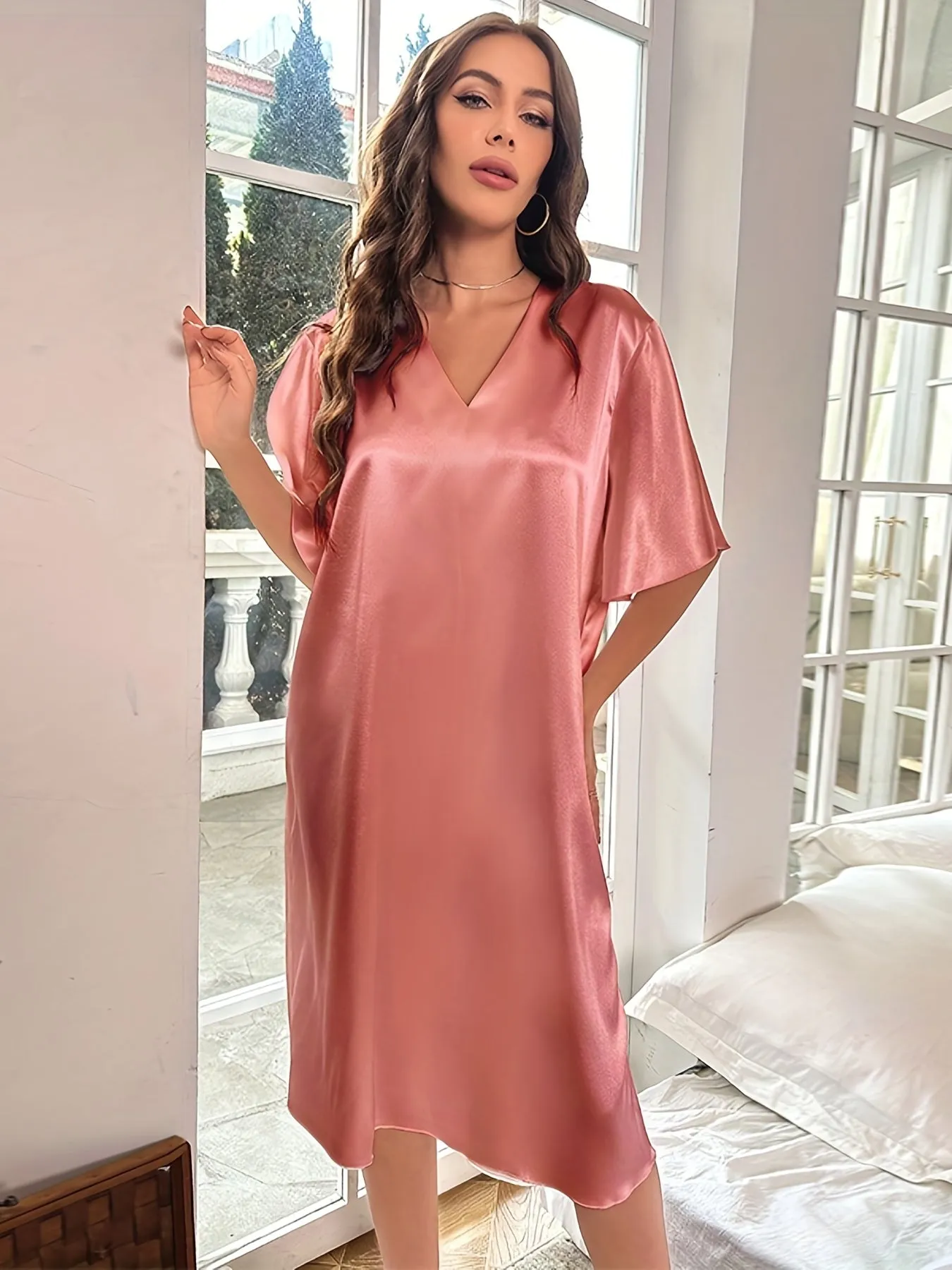 Plus Size Elegant Nightdress for Women, Featuring Smooth Satin, Ruffle Sleeves, and V Neck Design for Serene Sleep