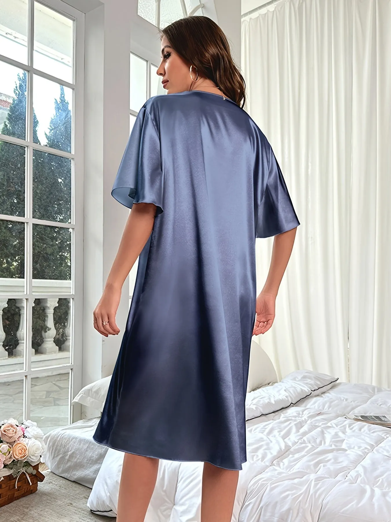 Plus Size Elegant Nightdress for Women, Featuring Smooth Satin, Ruffle Sleeves, and V Neck Design for Serene Sleep