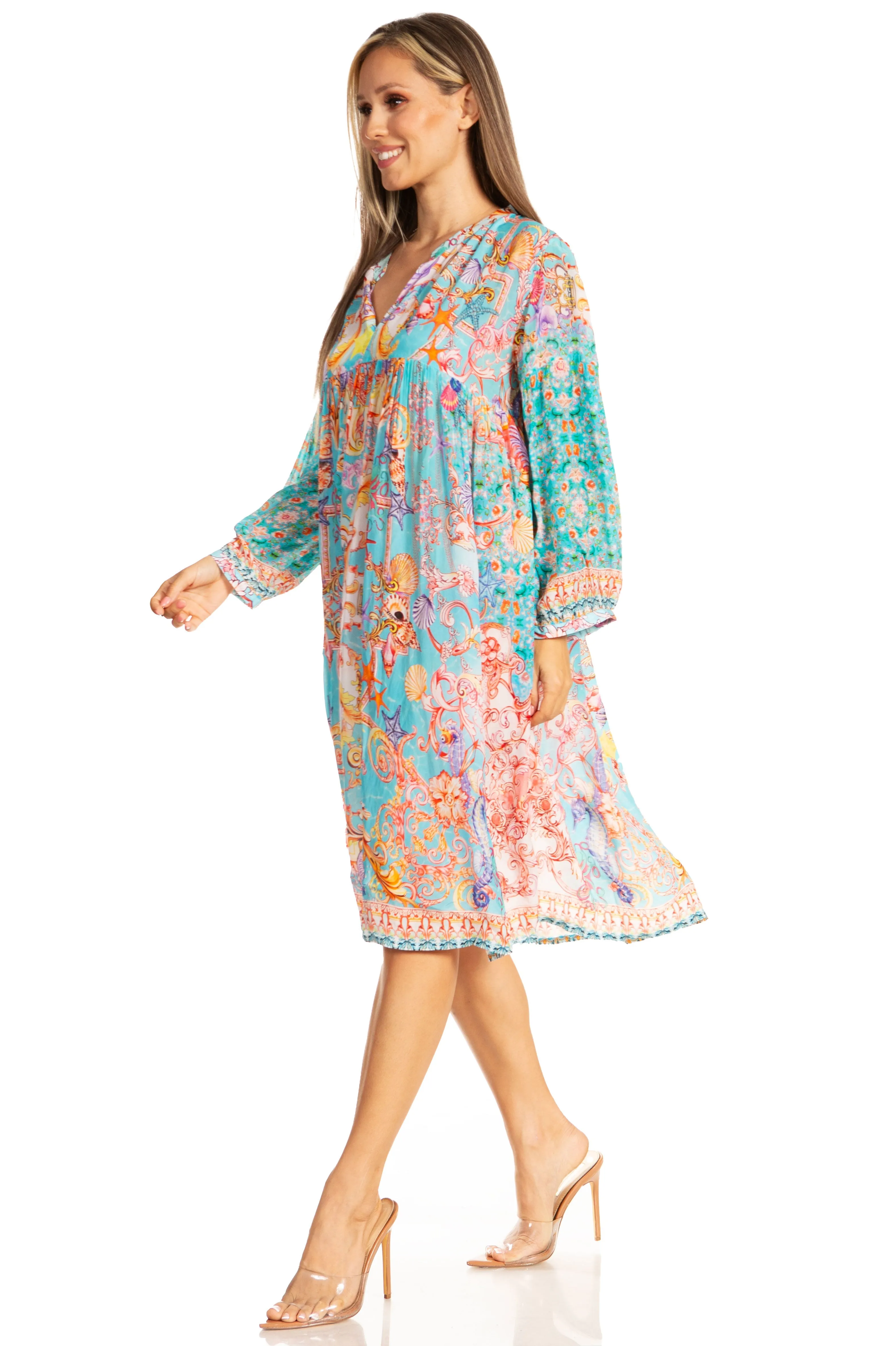 Sakkas Womens 3/4 Puff Sleeves Split Neck Summer Short Flowy Swing Dress/Cover-up