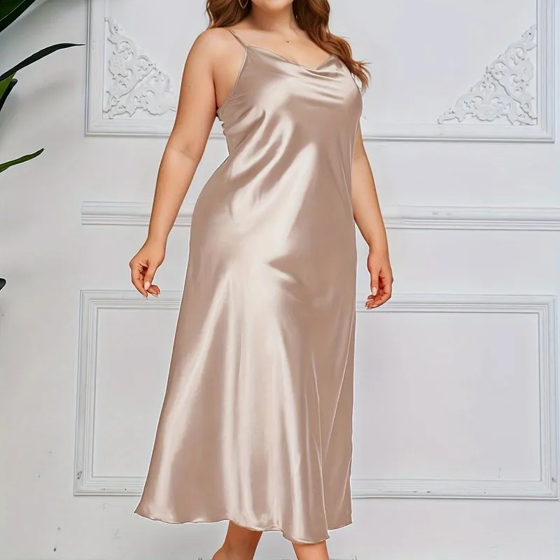 Sensual Sophistication Women's Plus Luxe Satin Cowl Neck Maxi Nightgown