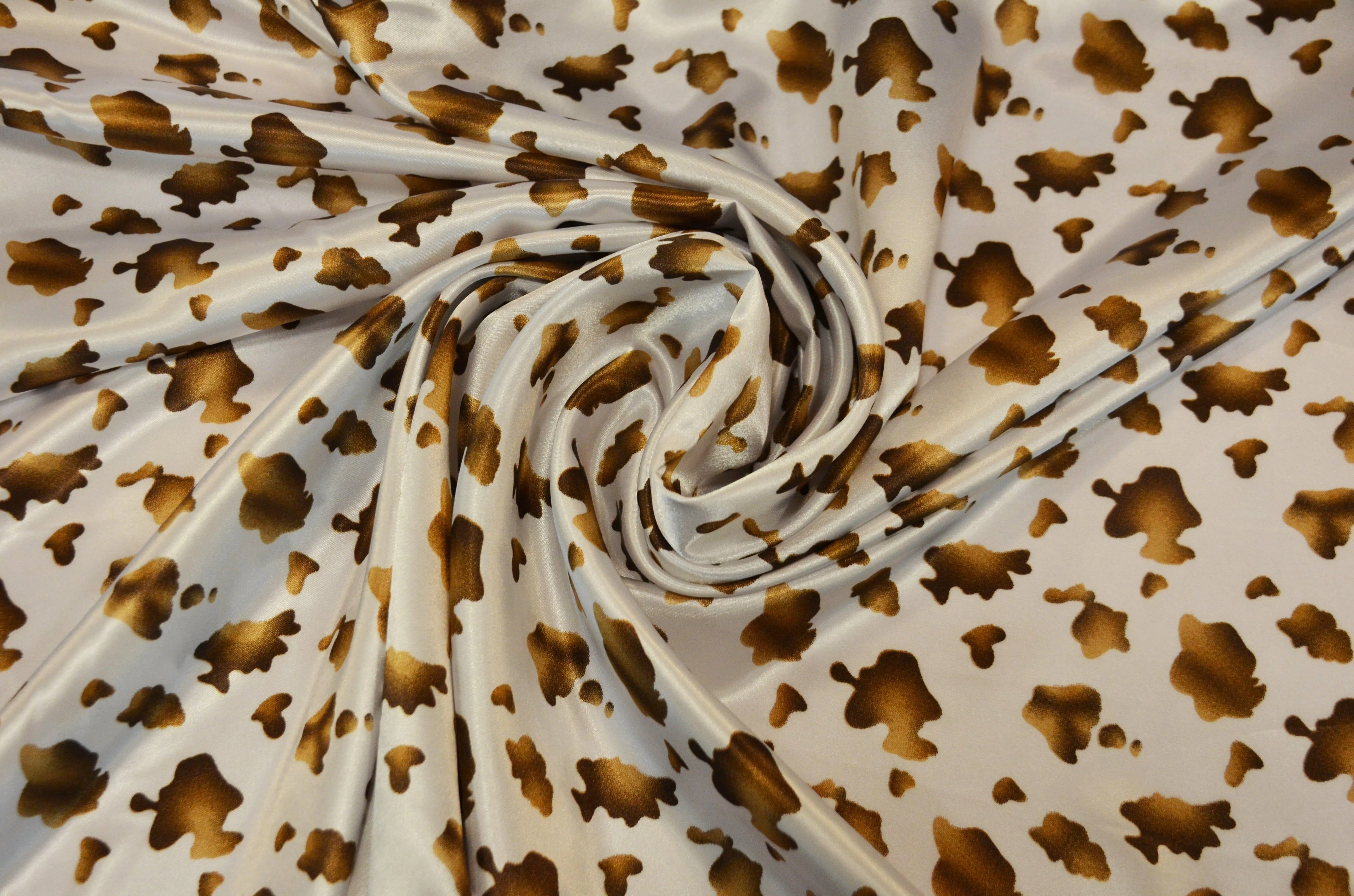 Small Brown Cow Satin Print Fabric | Brown Calf Charmeuse Satin | 60" Wide |