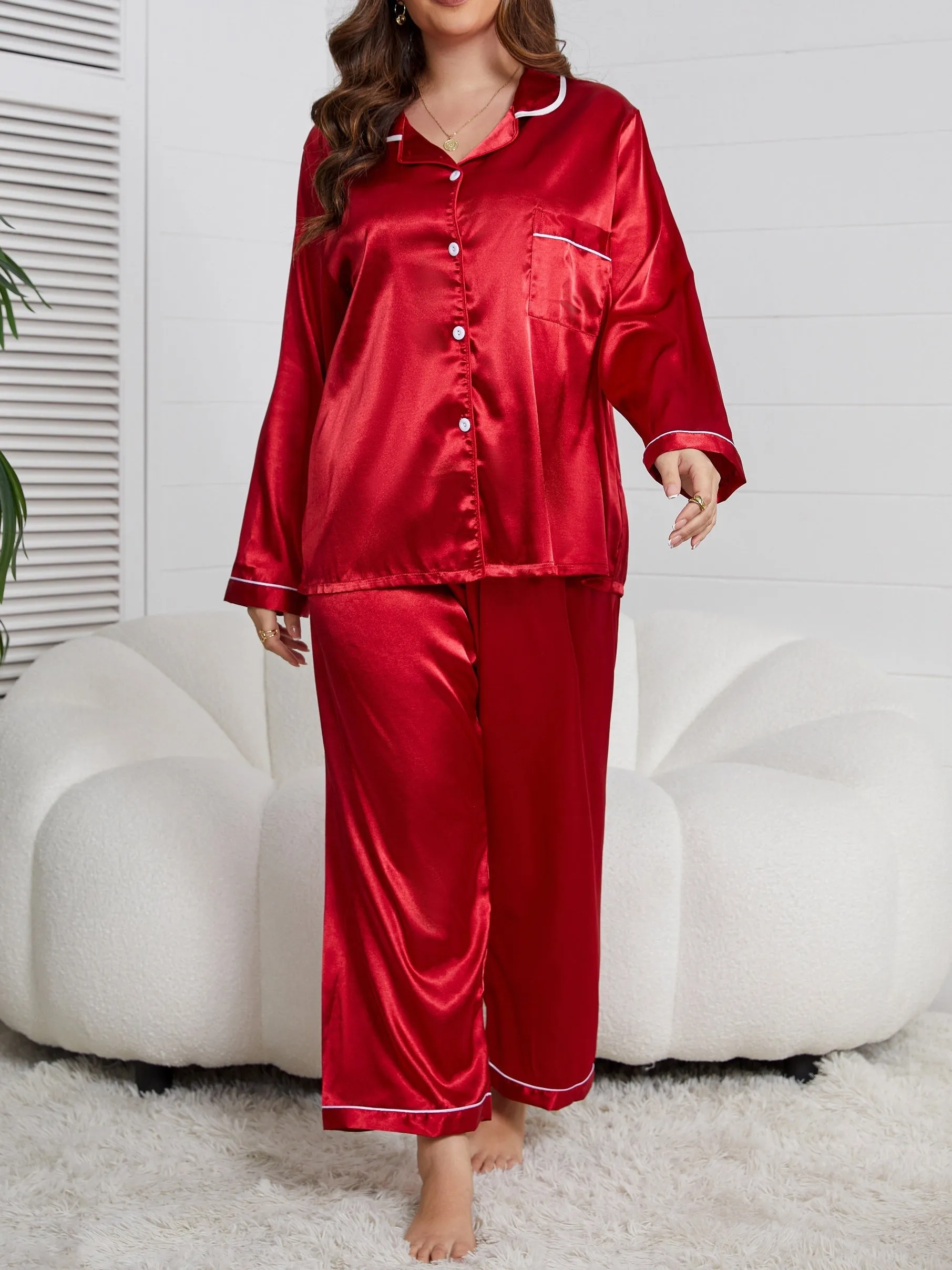 Sophisticated Serenity Plus Size Satin Lounge Set for Women