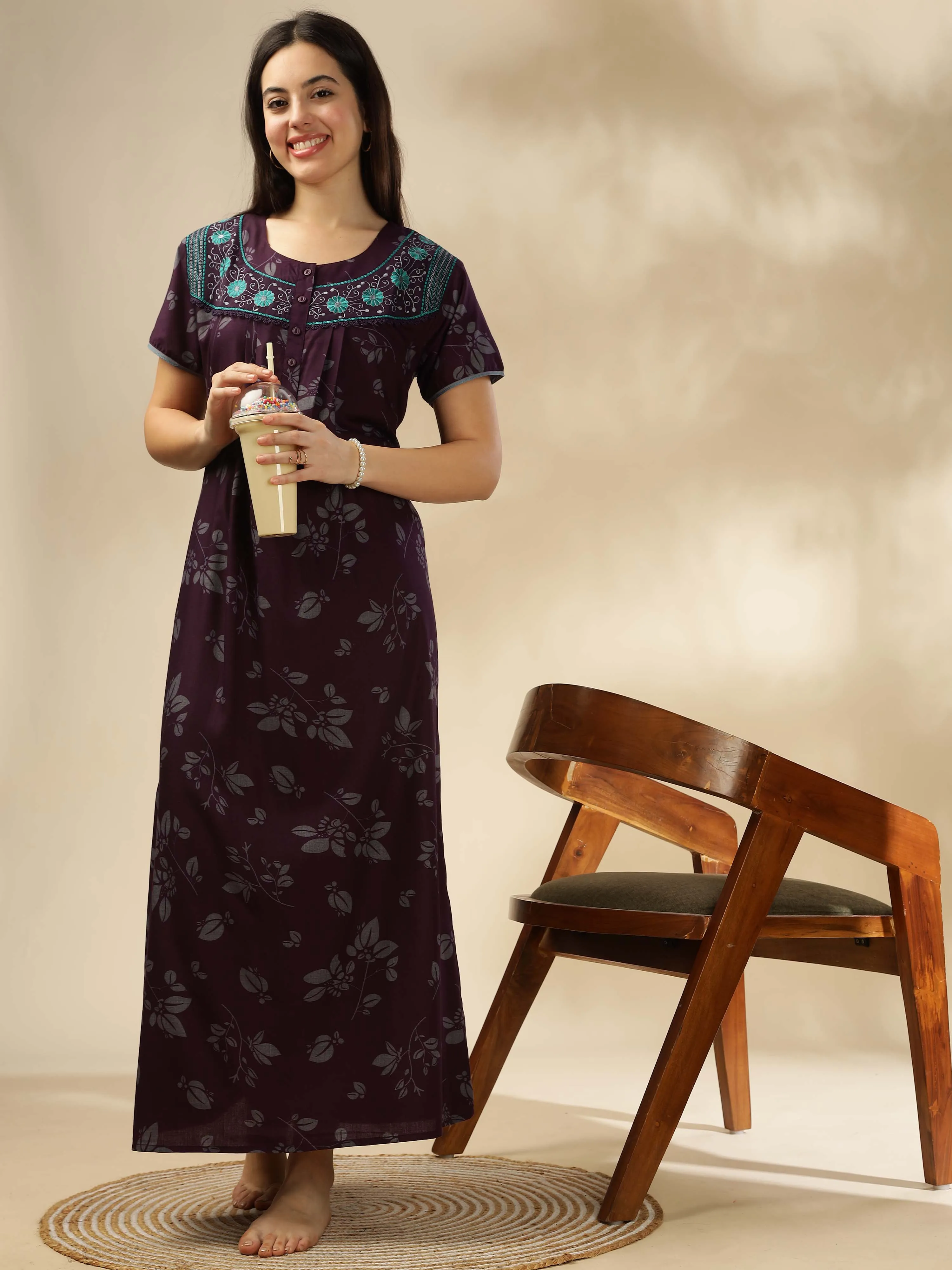 Sophisticated Wine Nighty with Floral Accents & Pockets