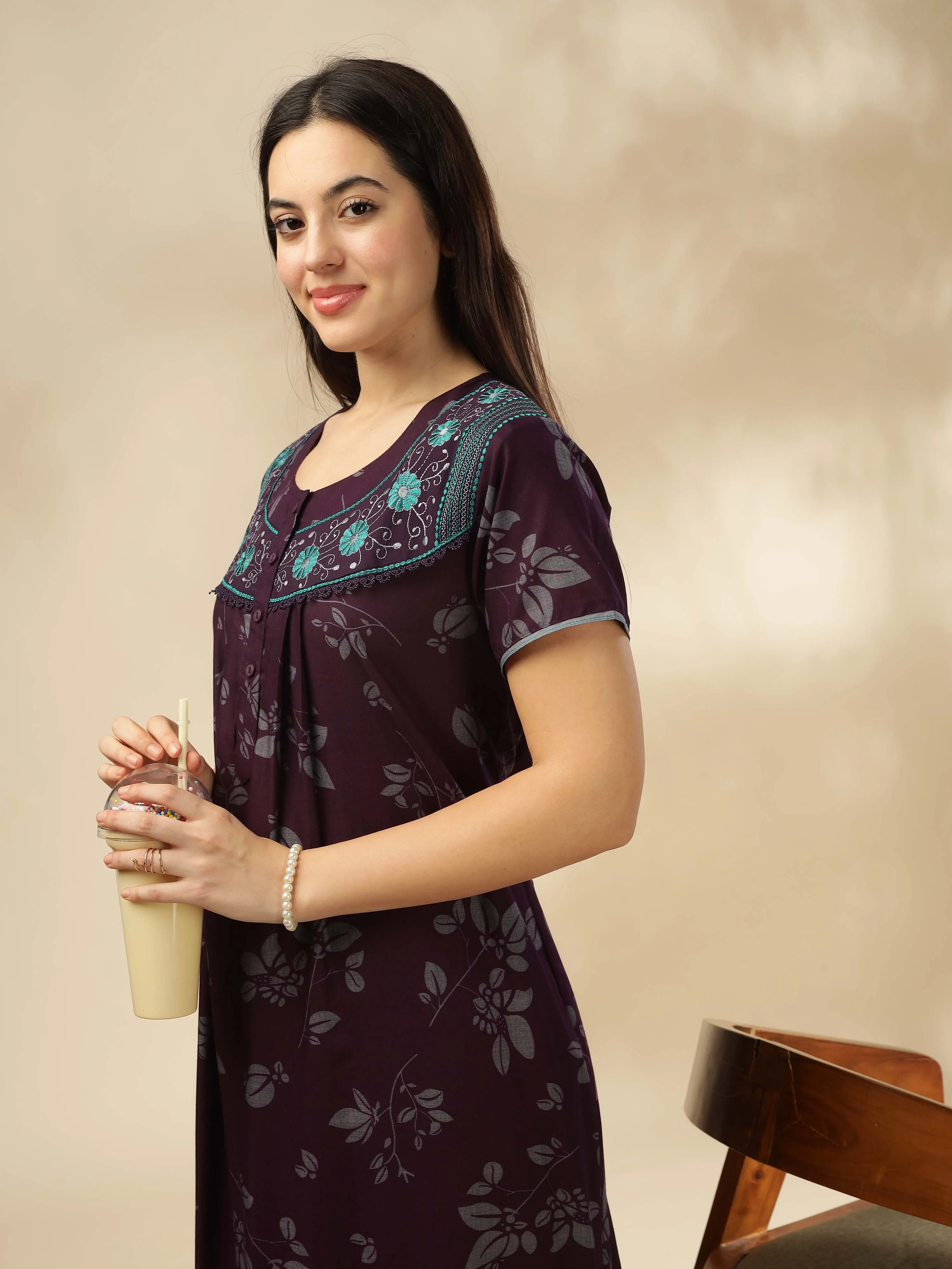 Sophisticated Wine Nighty with Floral Accents & Pockets