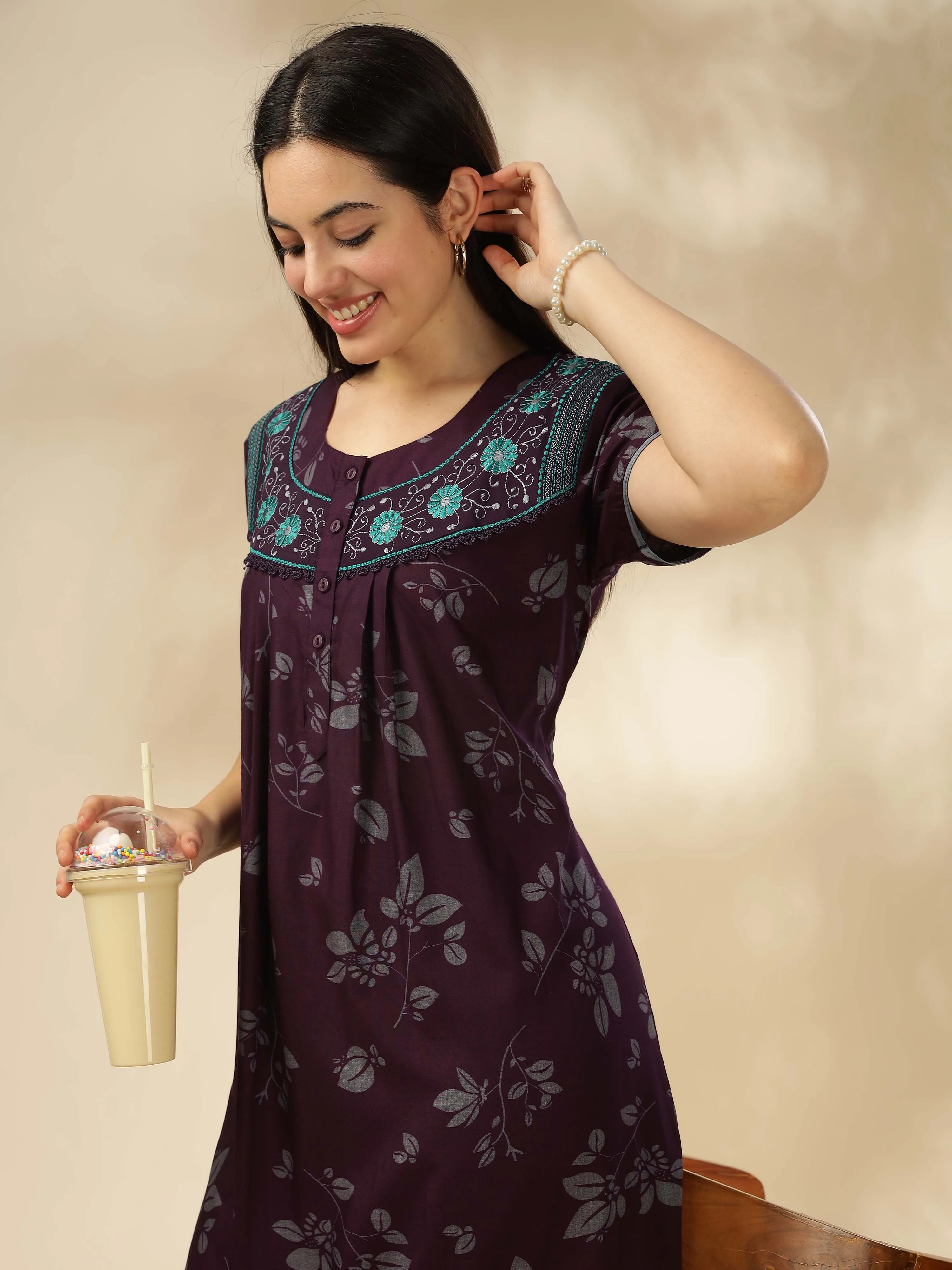 Sophisticated Wine Nighty with Floral Accents & Pockets