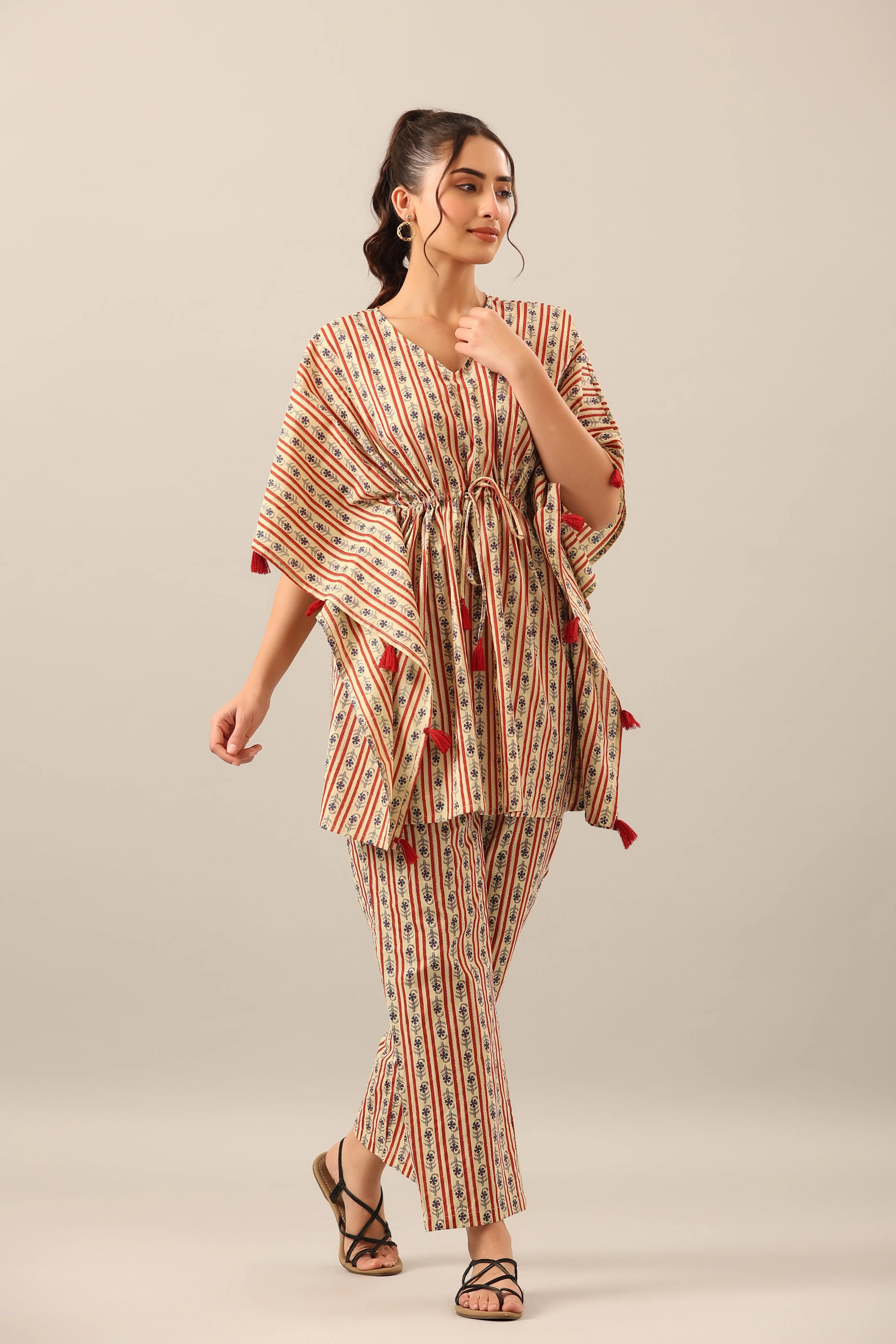 Stripe Florals  on Beige cotton Kaftan Pajama Set