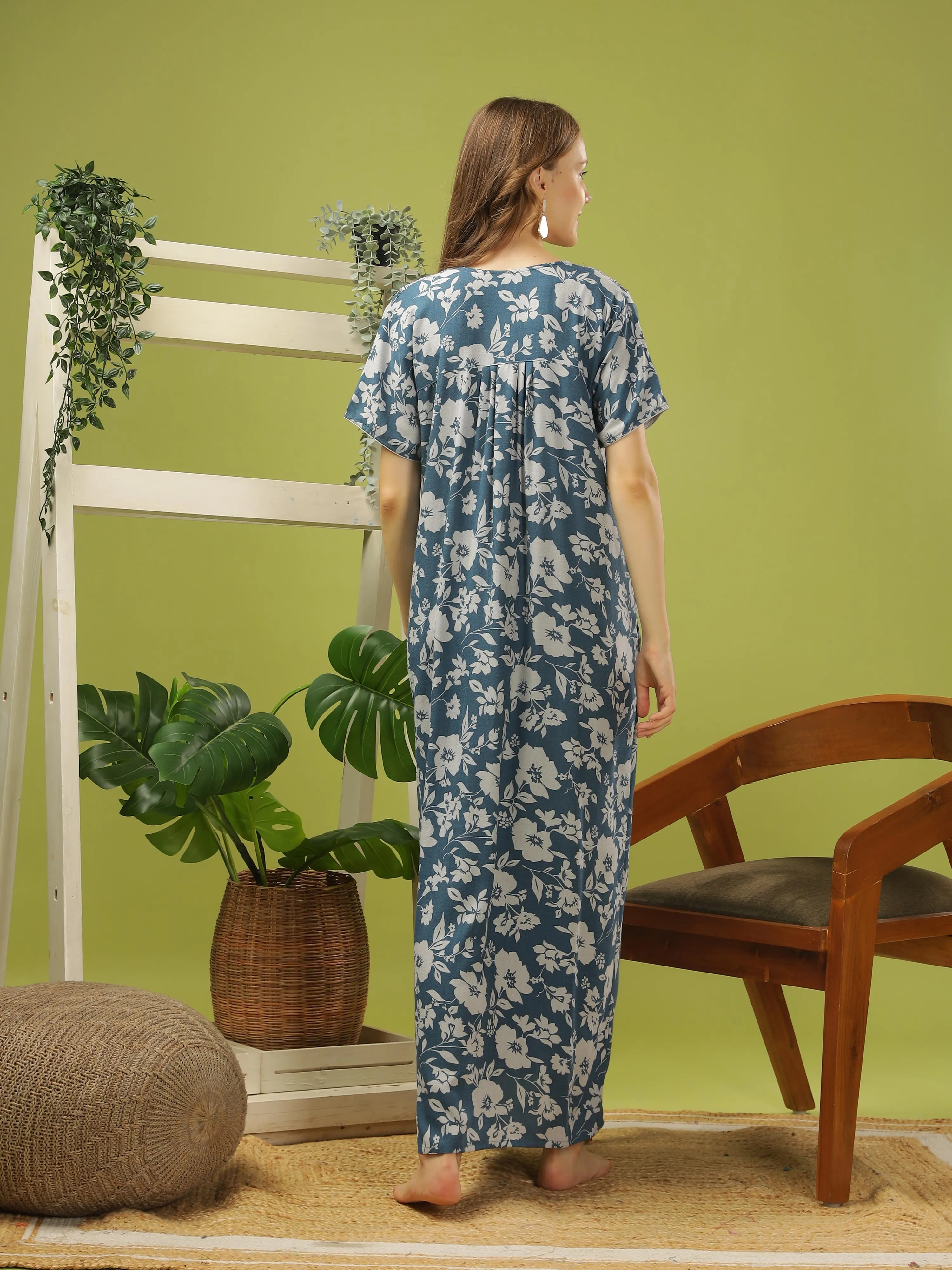 Teal Blue Alpine Floral Nightdress | Lightweight, Wrinkle-Free Comfort