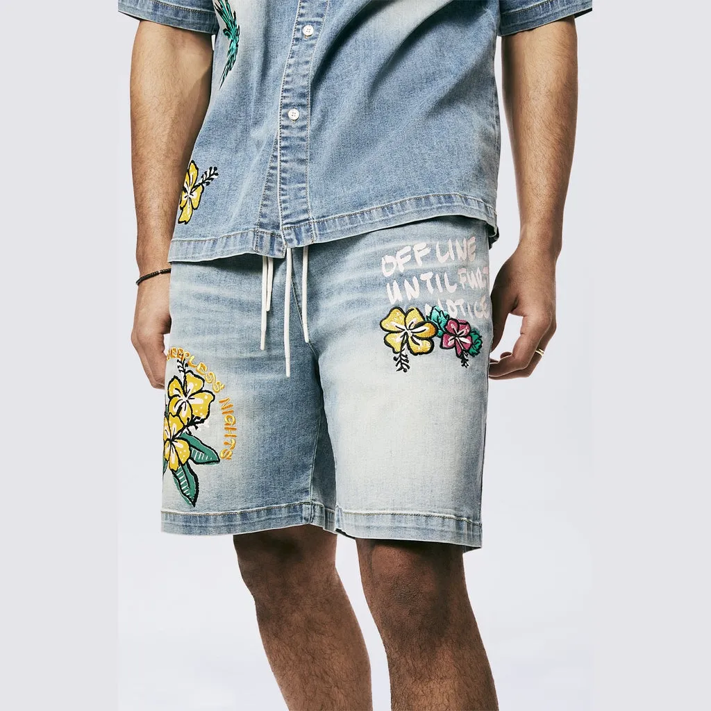 Tropical Doodle Denim Shorts - Malibu Blue