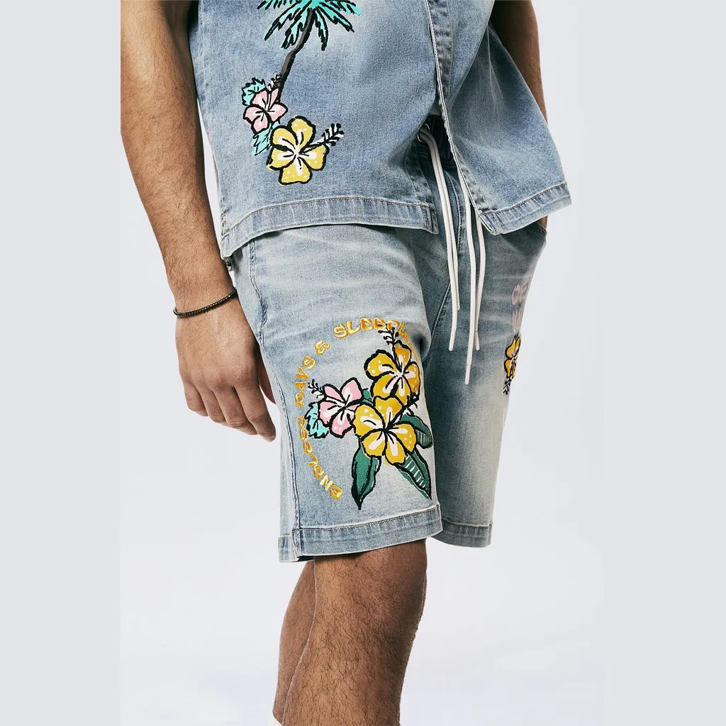 Tropical Doodle Denim Shorts - Malibu Blue