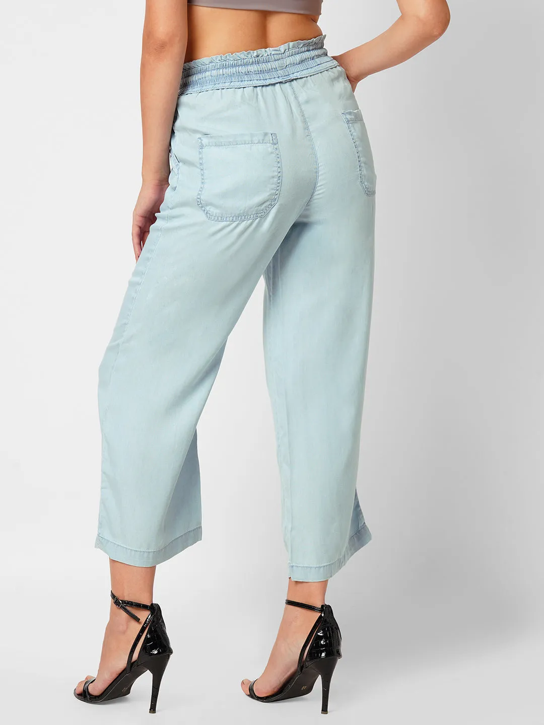 Women Light Blue Mid Rise Paper Bag Culottes