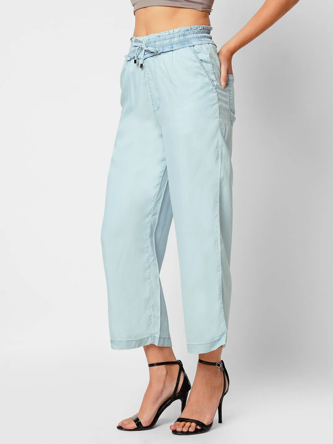 Women Light Blue Mid Rise Paper Bag Culottes