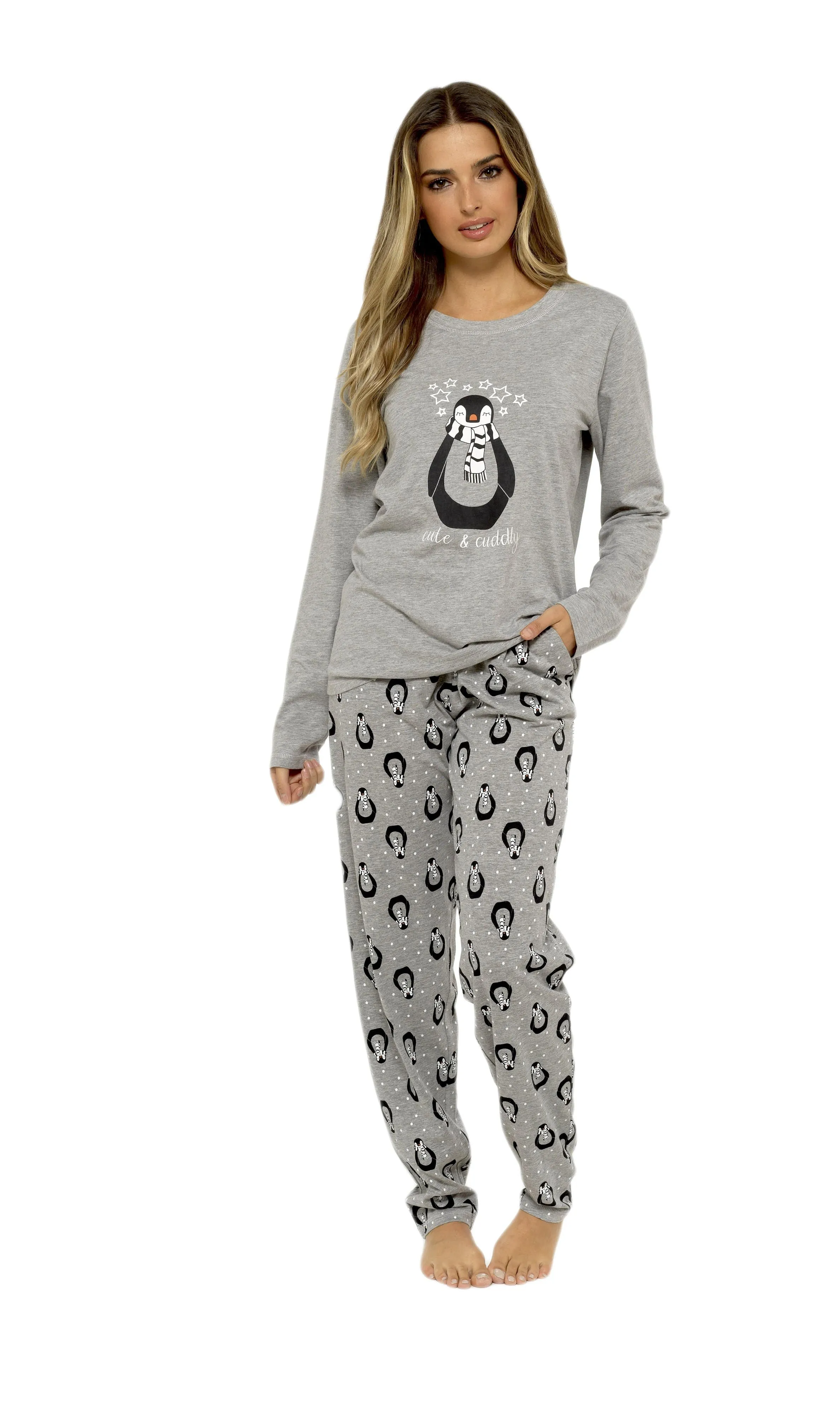 Women's Grey Cotton Pyjama Set Penguin Stars Design Soft Long Sleeve Top and Elasticated Bottoms Stylish Nightwear by Daisy Dreamer