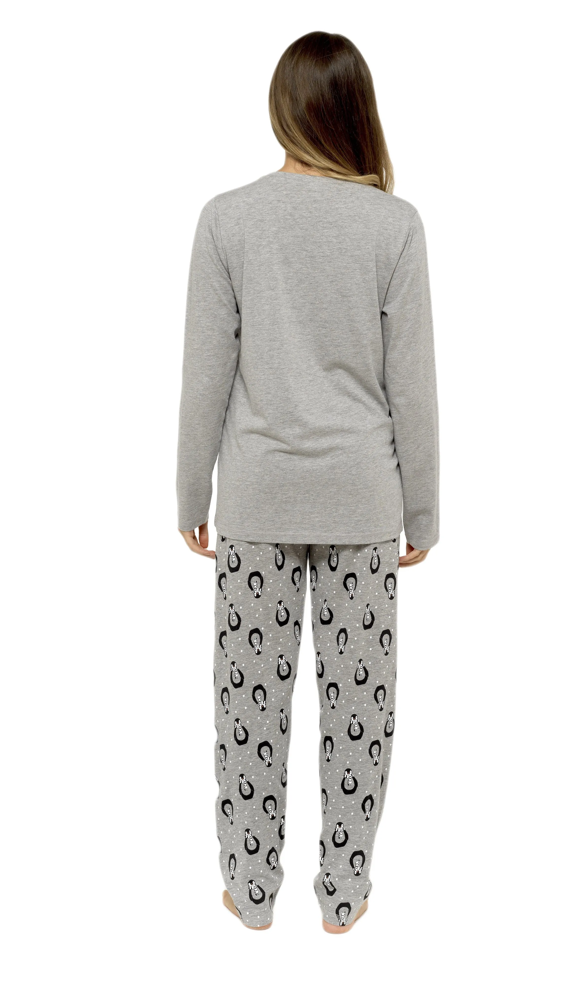 Women's Grey Cotton Pyjama Set Penguin Stars Design Soft Long Sleeve Top and Elasticated Bottoms Stylish Nightwear by Daisy Dreamer