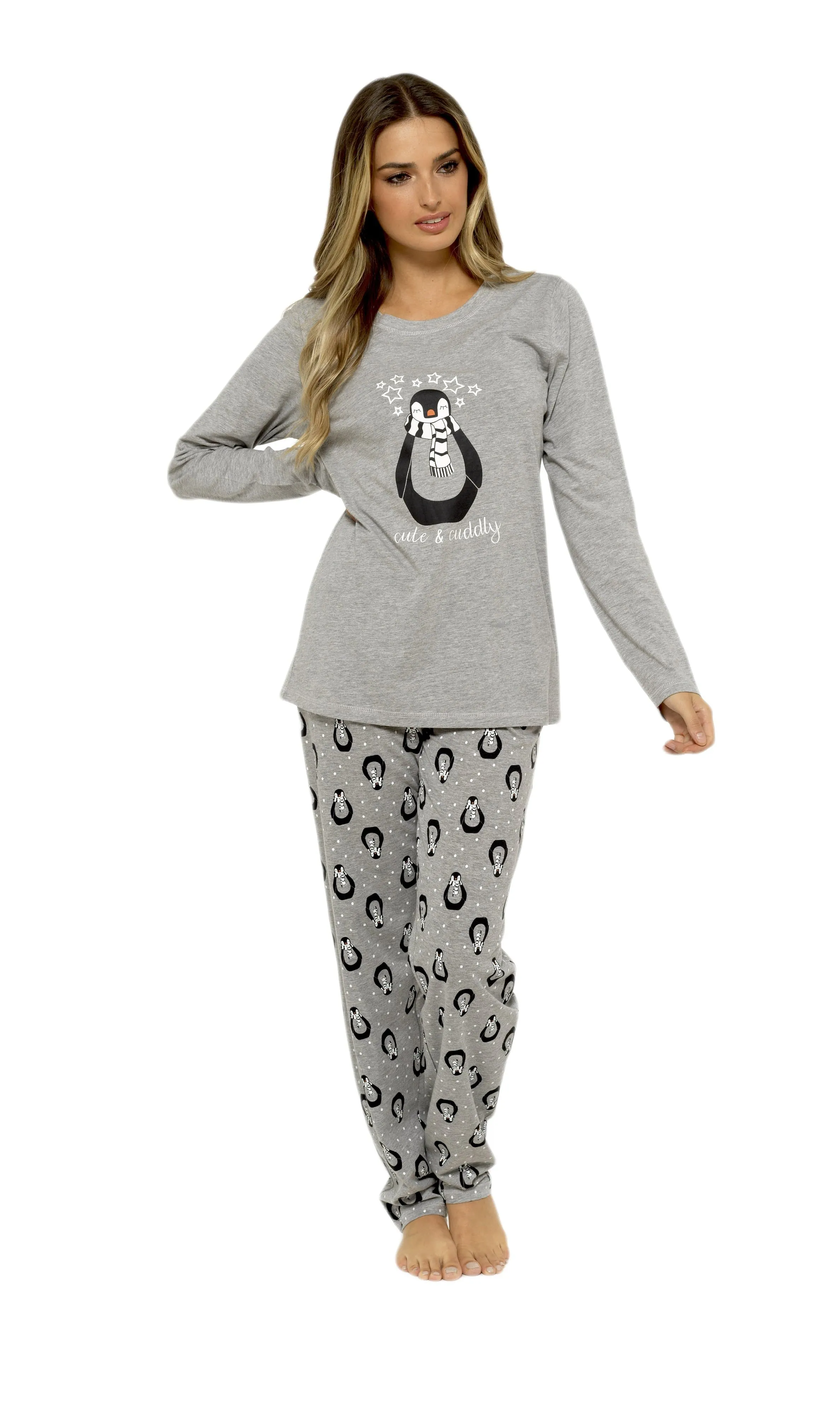 Women's Grey Cotton Pyjama Set Penguin Stars Design Soft Long Sleeve Top and Elasticated Bottoms Stylish Nightwear by Daisy Dreamer