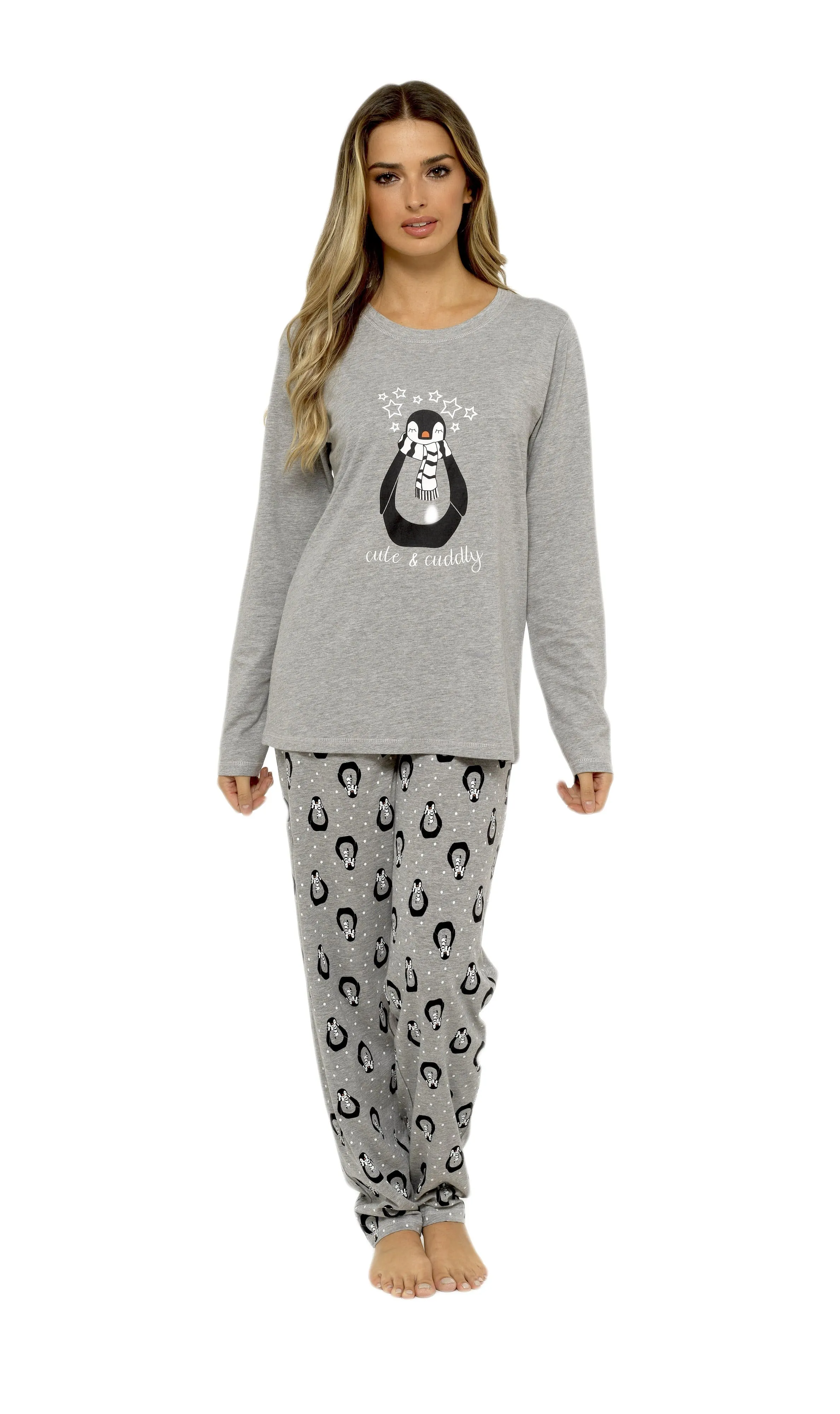 Women's Grey Cotton Pyjama Set Penguin Stars Design Soft Long Sleeve Top and Elasticated Bottoms Stylish Nightwear by Daisy Dreamer