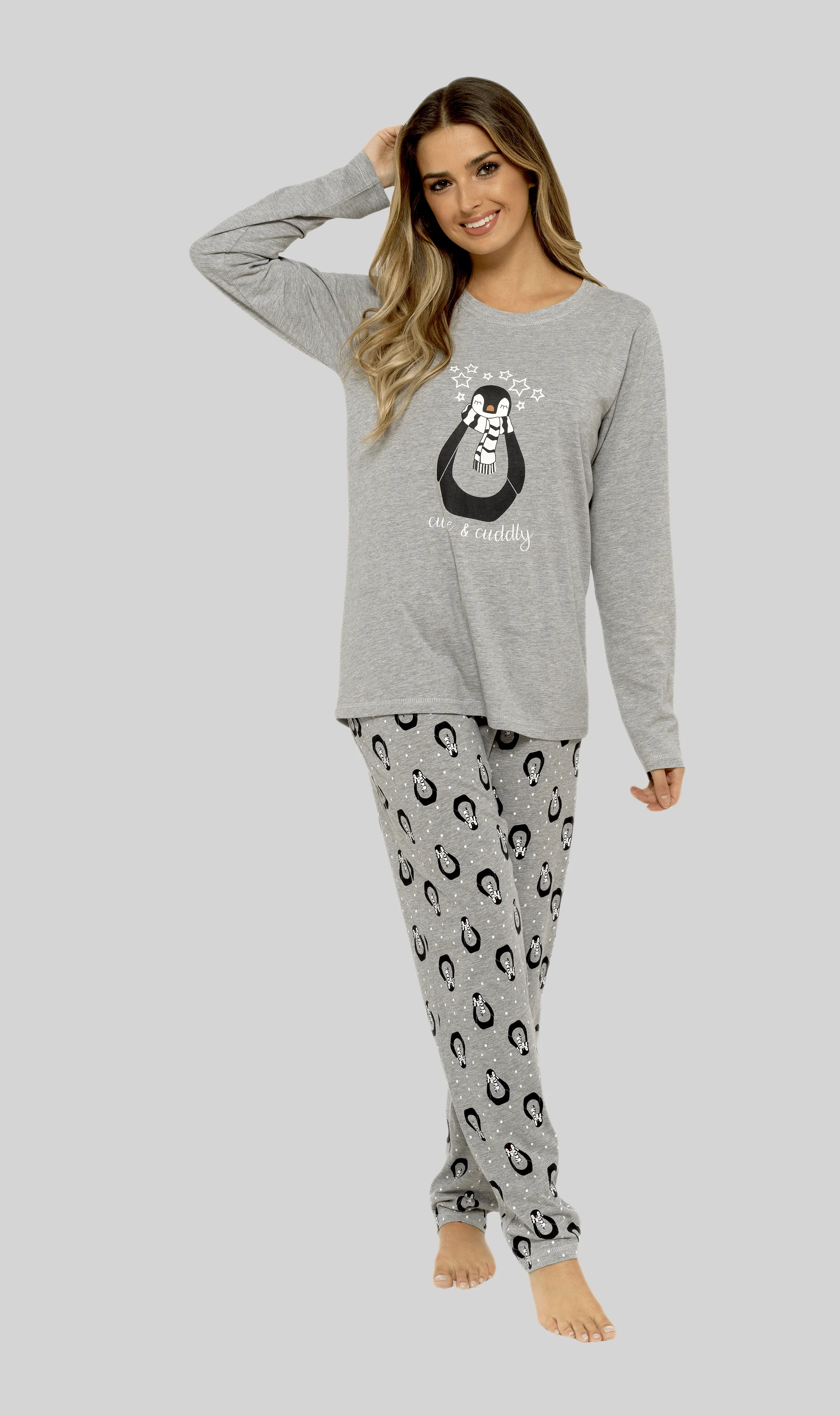 Women's Grey Cotton Pyjama Set Penguin Stars Design Soft Long Sleeve Top and Elasticated Bottoms Stylish Nightwear by Daisy Dreamer