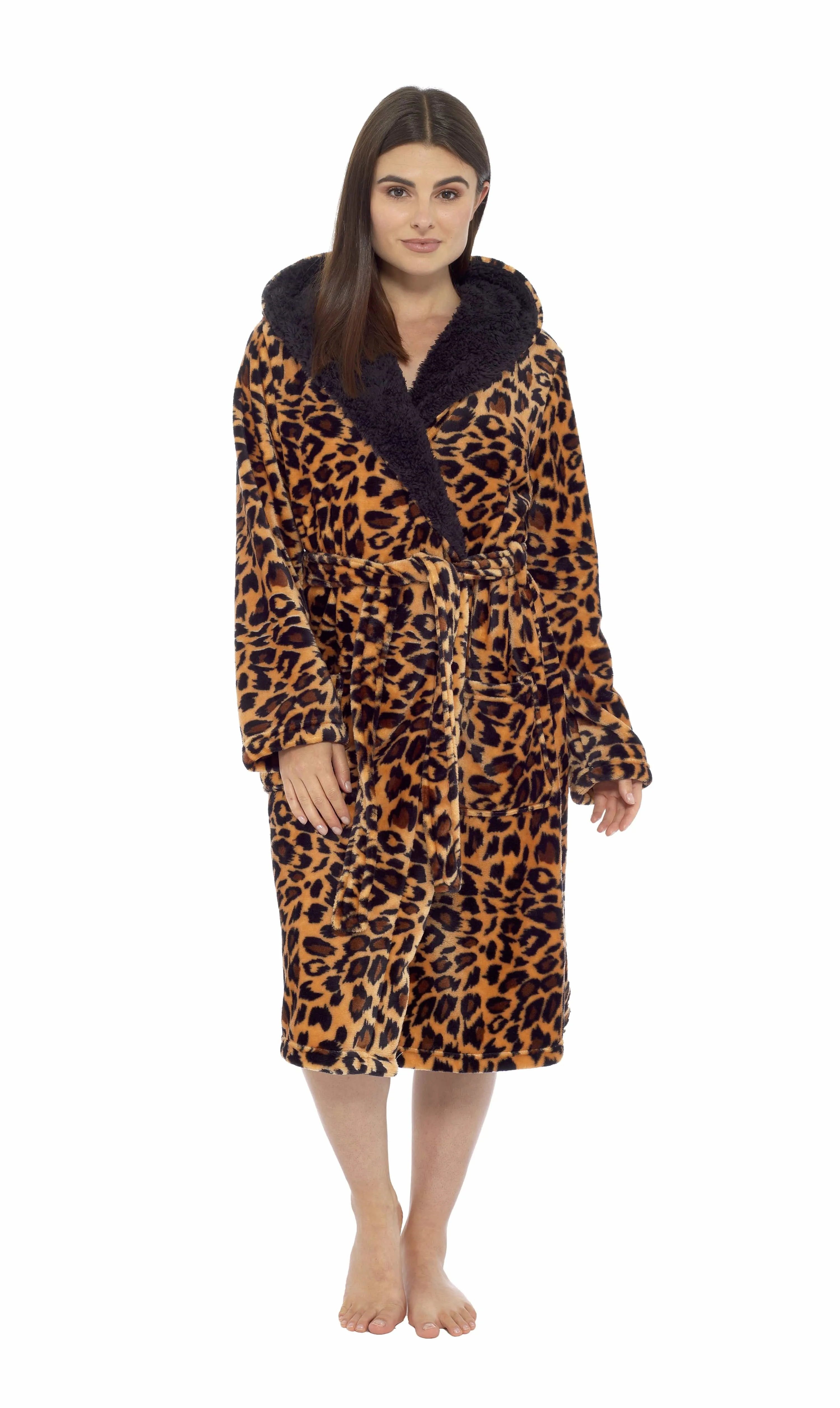 Women's Leopard Plush Fleece Hooded Robe with Sherpa Lining Warm Nightwear UK Sizes 8-22 by Daisy Dreamer