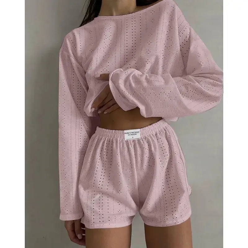 Women's Pajamas Set - Spring Long Sleeve Tops with Shorts