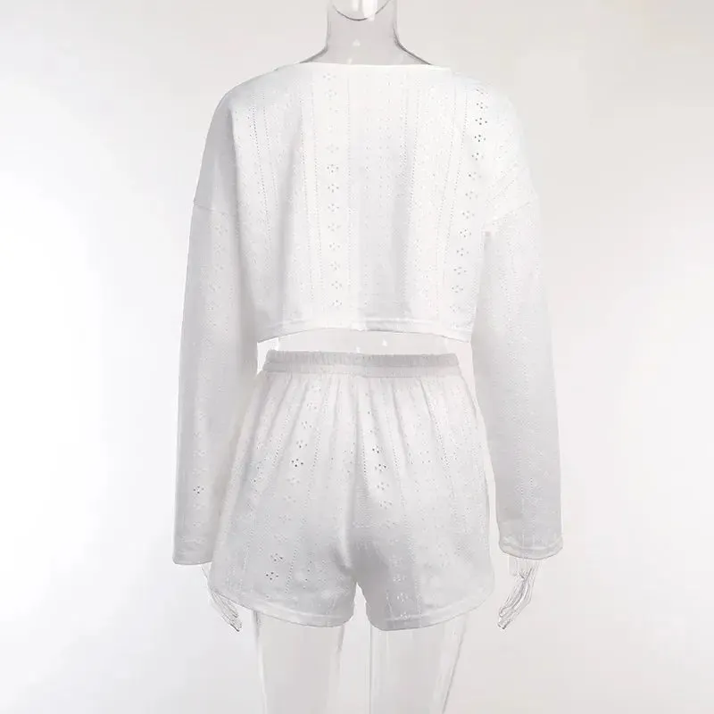 Women's Pajamas Set - Spring Long Sleeve Tops with Shorts