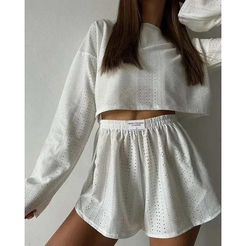 Women's Pajamas Set - Spring Long Sleeve Tops with Shorts