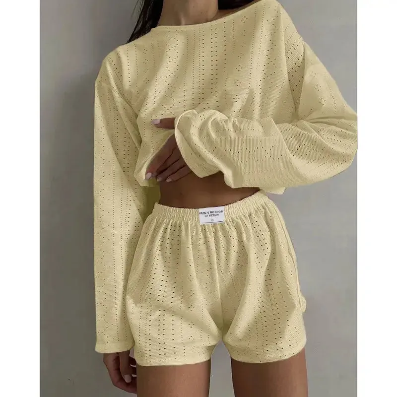 Women's Pajamas Set - Spring Long Sleeve Tops with Shorts