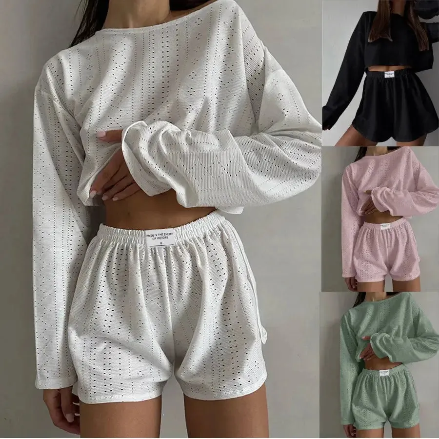 Women's Pajamas Set - Spring Long Sleeve Tops with Shorts