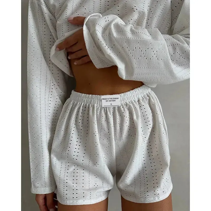 Women's Pajamas Set - Spring Long Sleeve Tops with Shorts