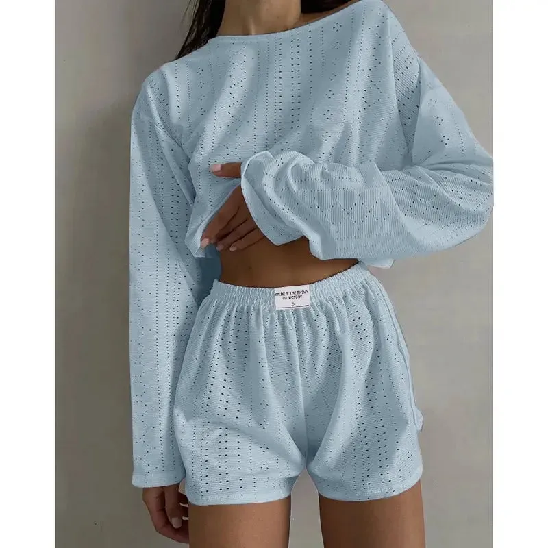 Women's Pajamas Set - Spring Long Sleeve Tops with Shorts