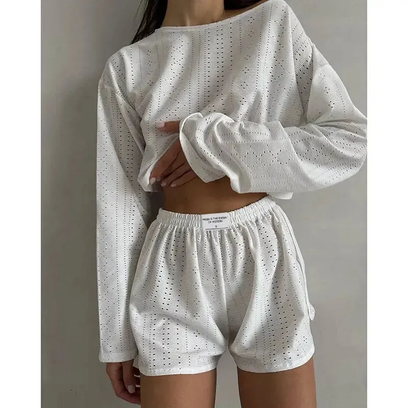 Women's Pajamas Set - Spring Long Sleeve Tops with Shorts