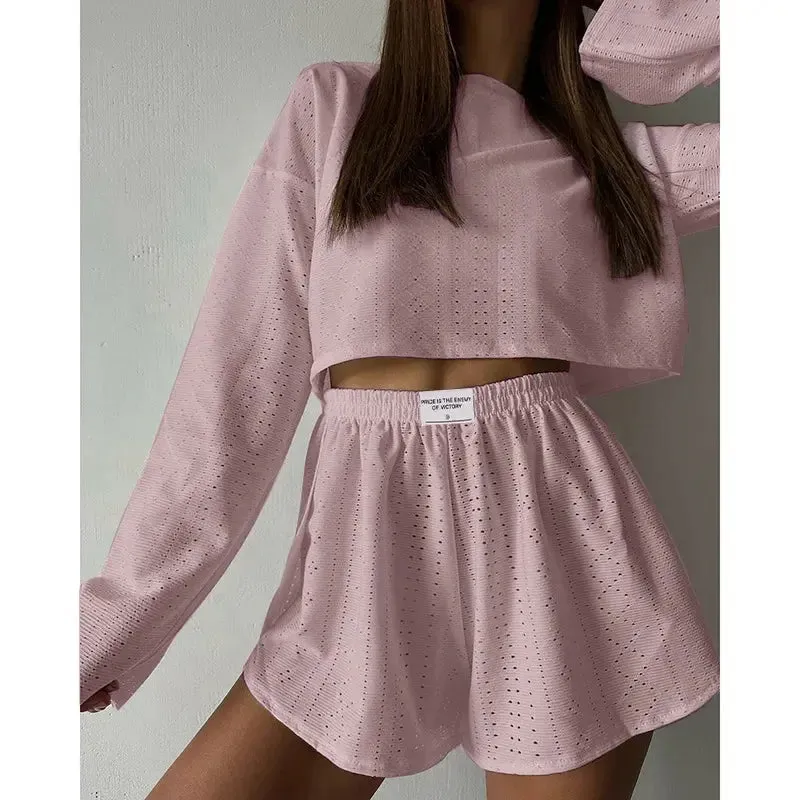 Women's Pajamas Set - Spring Long Sleeve Tops with Shorts