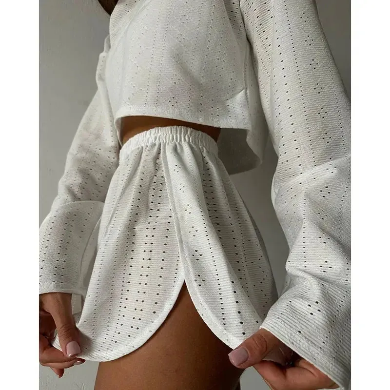 Women's Pajamas Set - Spring Long Sleeve Tops with Shorts