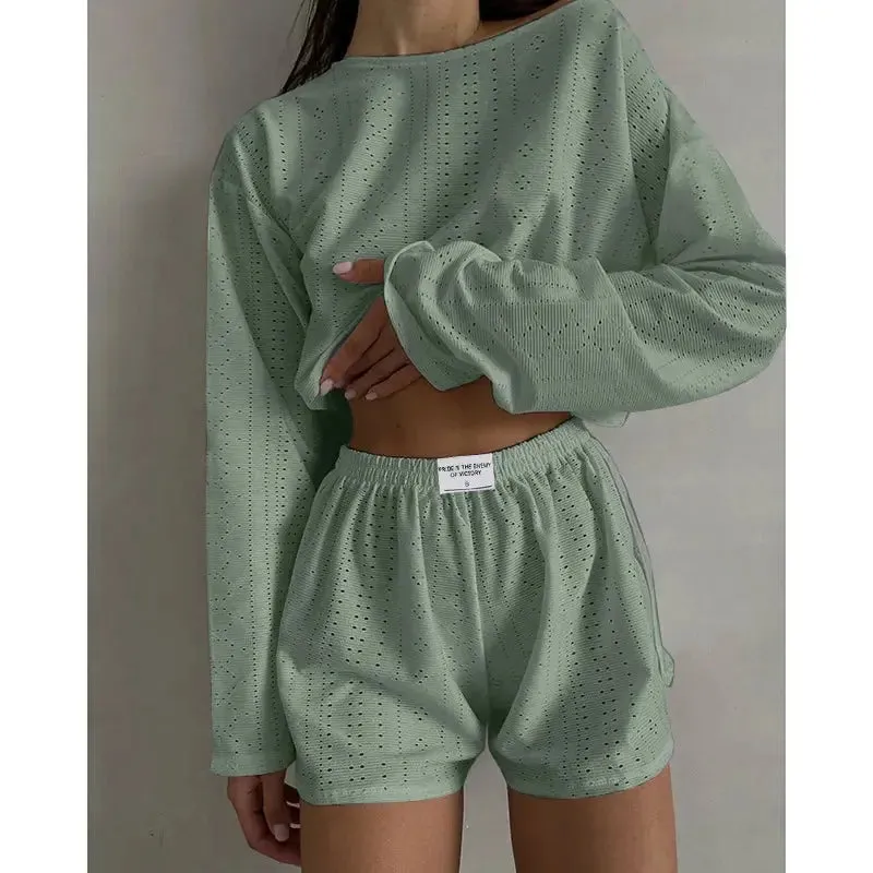 Women's Pajamas Set - Spring Long Sleeve Tops with Shorts