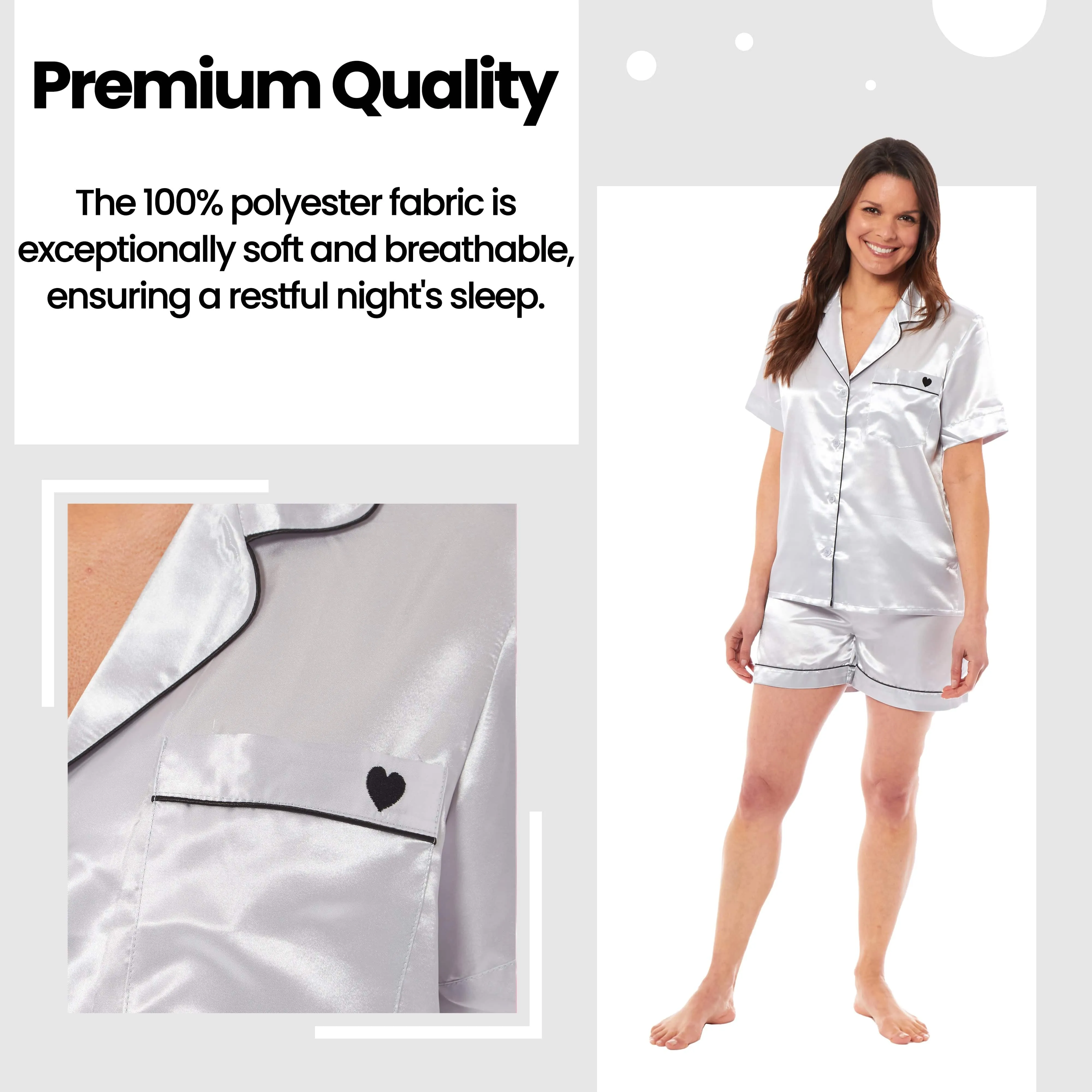 Women's Satin Silk Pyjama Set Satin PJs Short Loungewear Nightwear for Women in Black Pink Grey Sizes UK 8-22 by Daisy Dreamer