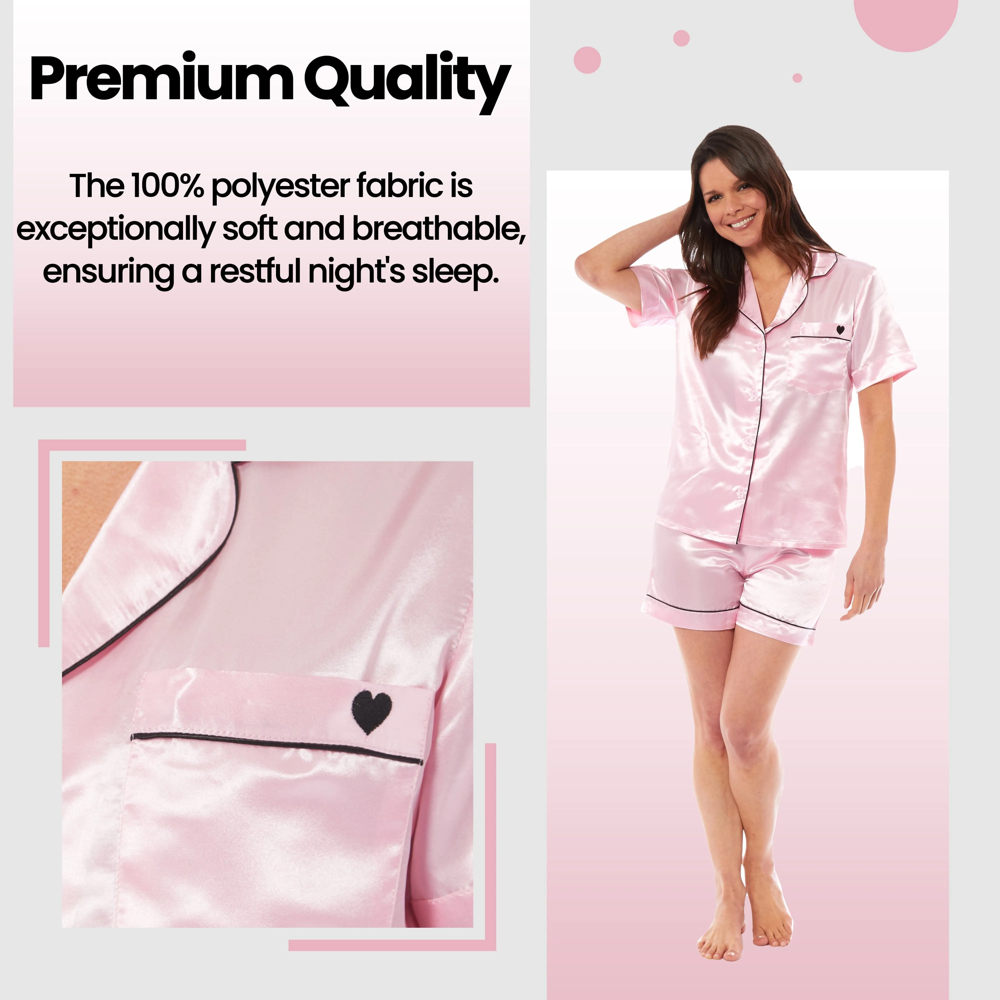 Women's Satin Silk Pyjama Set Satin PJs Short Loungewear Nightwear for Women in Black Pink Grey Sizes UK 8-22 by Daisy Dreamer