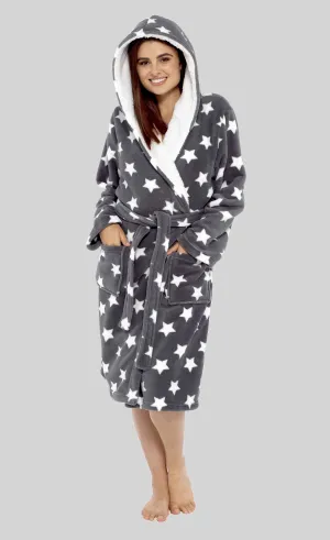 Women's Star Grey Hooded Plush Fleece Robe with Ultra Soft Sherpa Fur Lining and Stylish Star Pattern by Daisy Dreamer