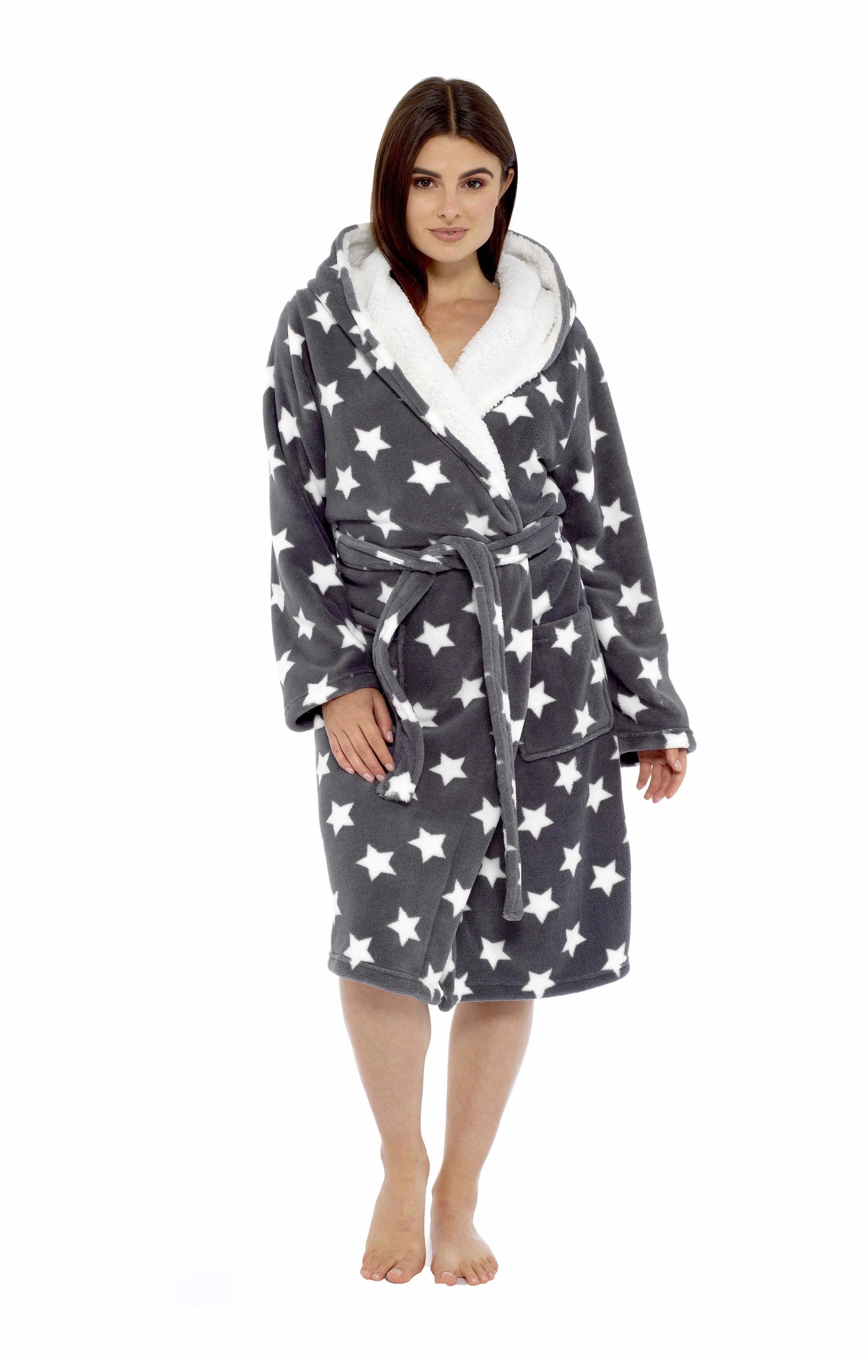 Women's Star Grey Hooded Plush Fleece Robe with Ultra Soft Sherpa Fur Lining and Stylish Star Pattern by Daisy Dreamer